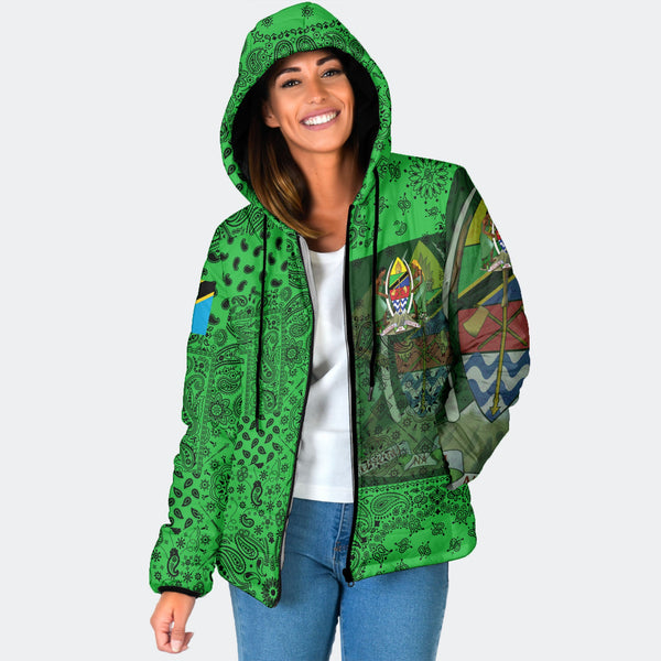 Tanzania Women Hooded Padded Jacket Paisley Flag And Skull Style 1