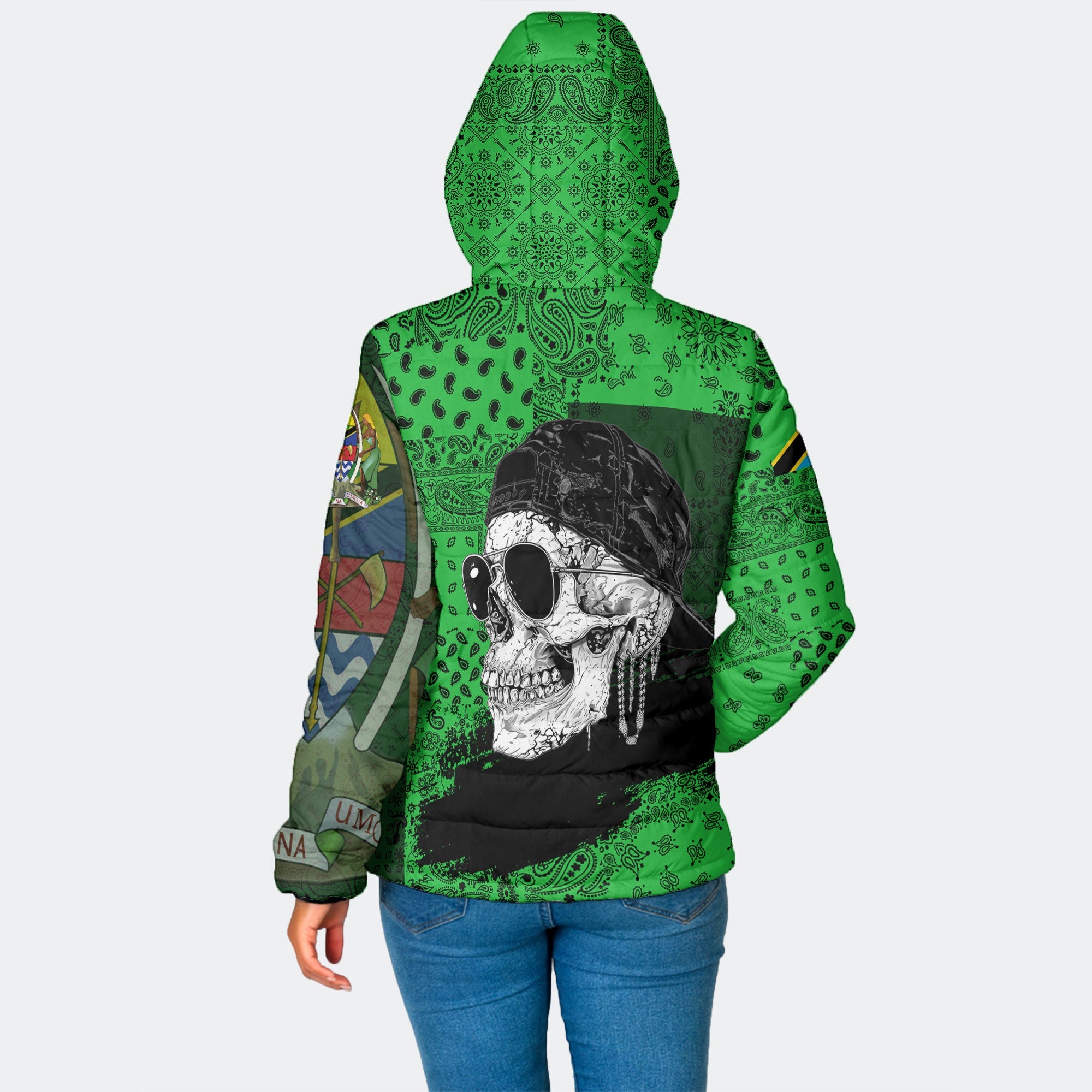 Tanzania Women Hooded Padded Jacket Paisley Flag And Skull Style 2