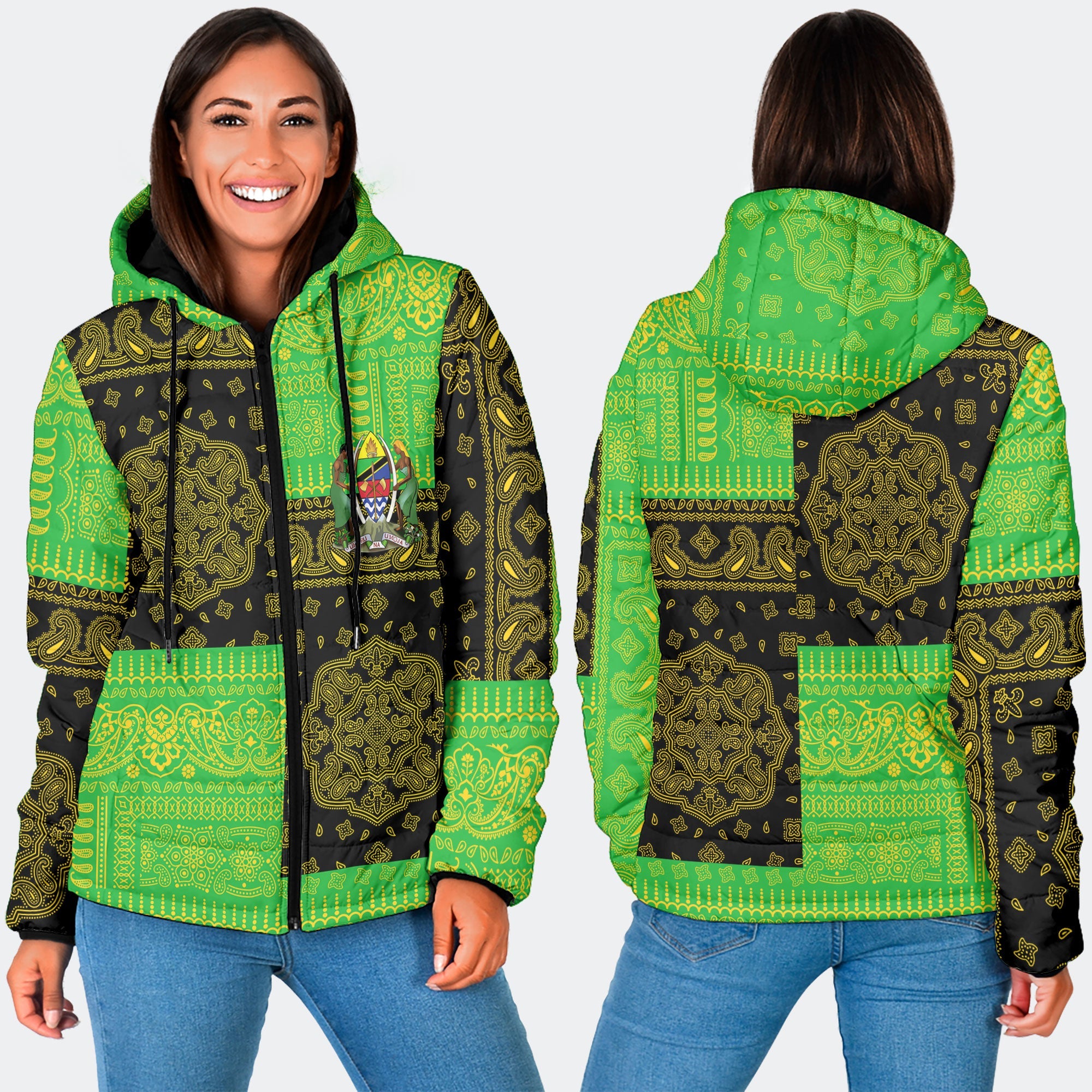 Tanzania Women Hooded Padded Jacket Flag And Paisley Basic Style 3