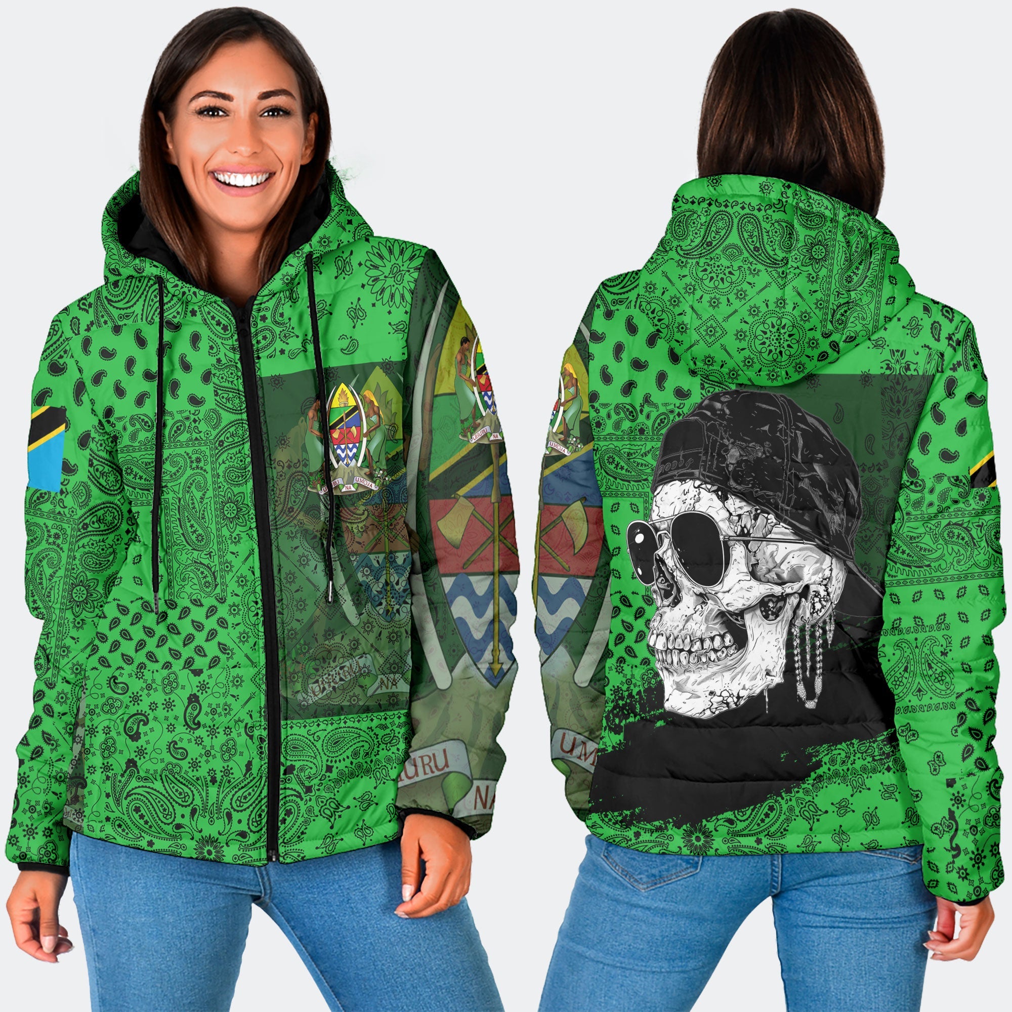 Tanzania Women Hooded Padded Jacket Paisley Flag And Skull Style 3