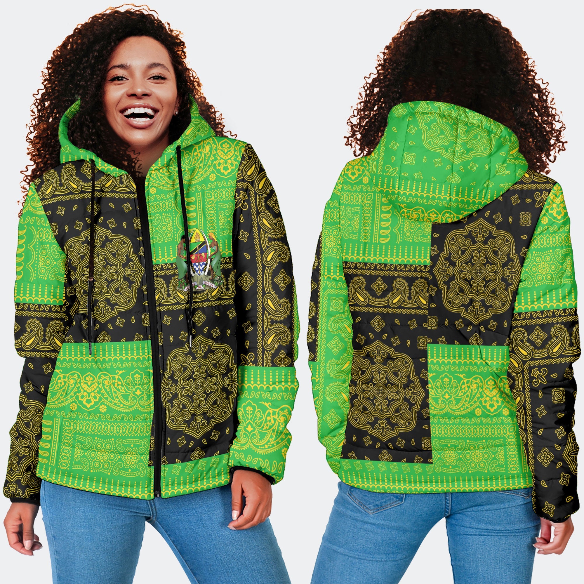 Tanzania Women Hooded Padded Jacket Flag And Paisley Basic Style 4