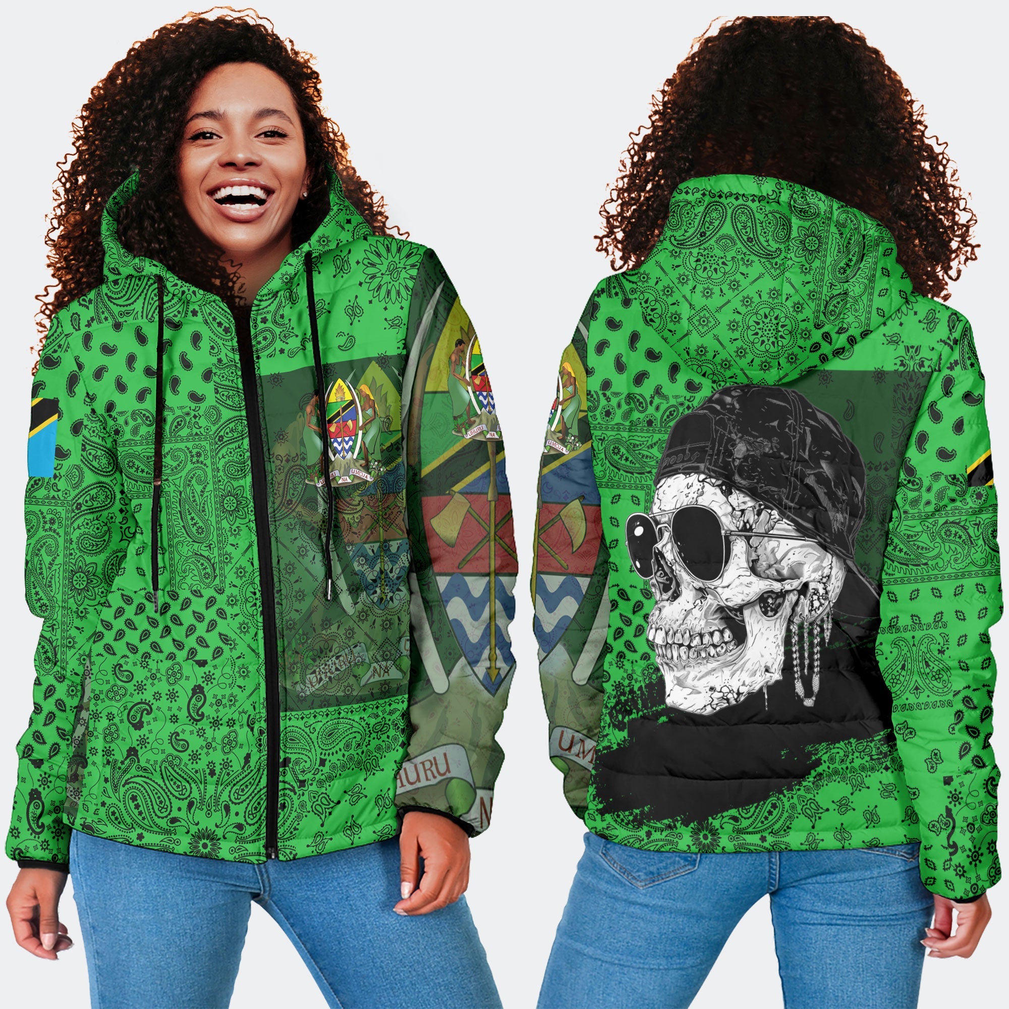 Tanzania Women Hooded Padded Jacket Paisley Flag And Skull Style 4