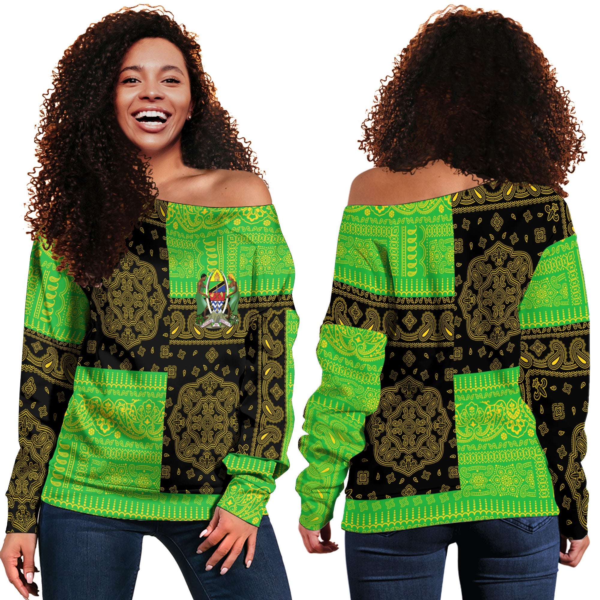 Tanzania Women Off Shoulder Sweatshirt Flag And Paisley Basic Style 1