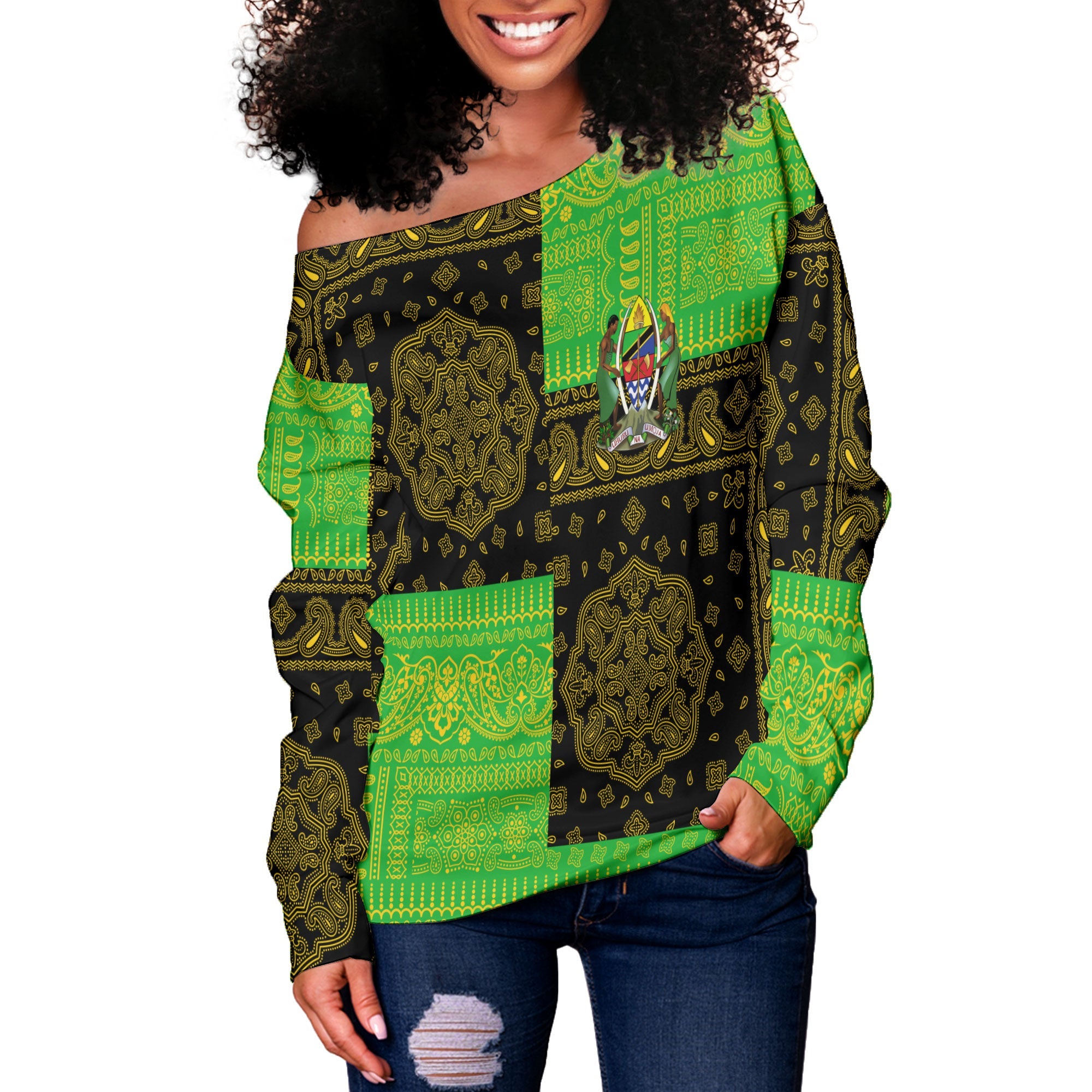 Tanzania Women Off Shoulder Sweatshirt Flag And Paisley Basic Style 2