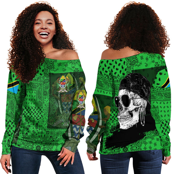 Tanzania Women Off Shoulder Sweatshirt Paisley Flag And Skull Style 1