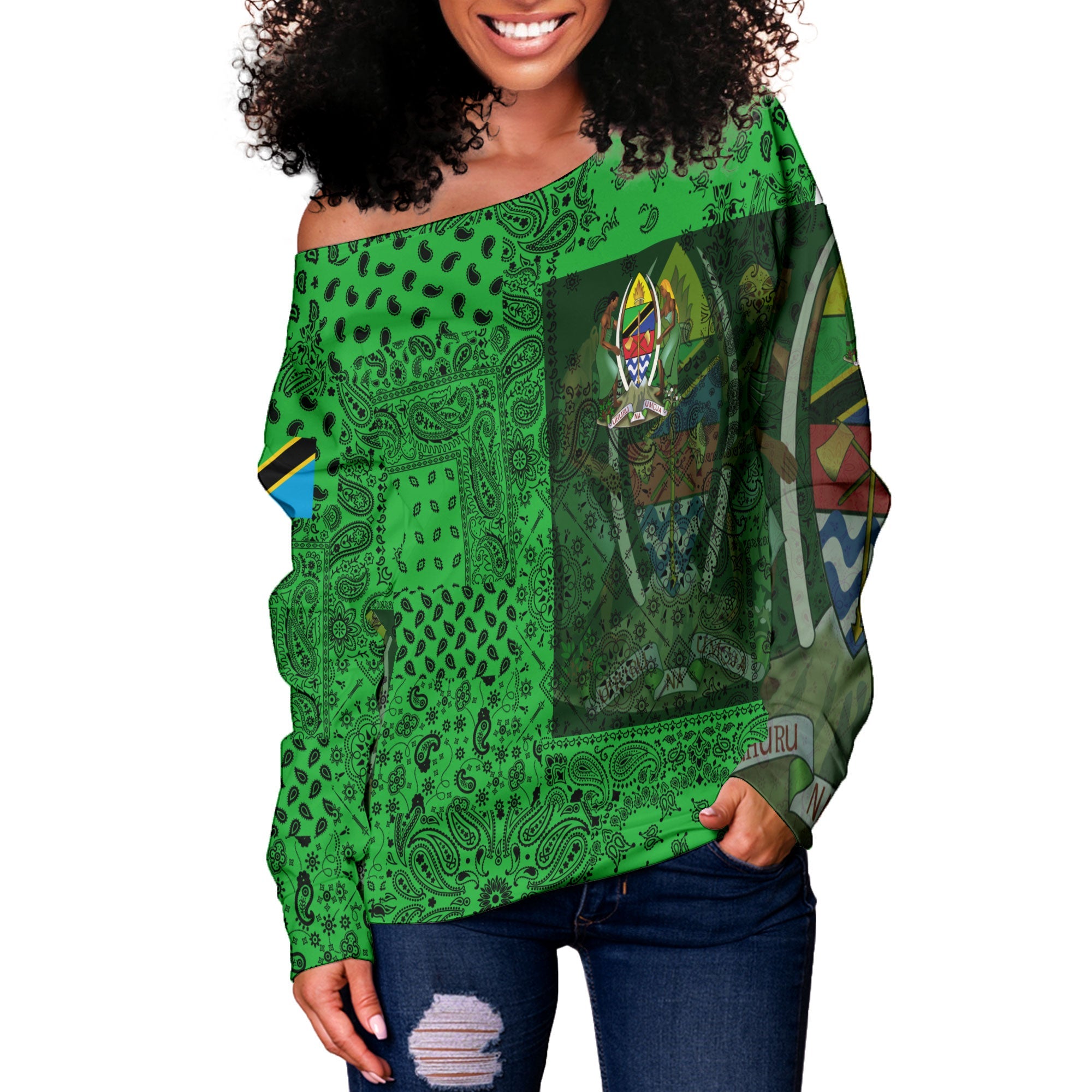 Tanzania Women Off Shoulder Sweatshirt Paisley Flag And Skull Style 2