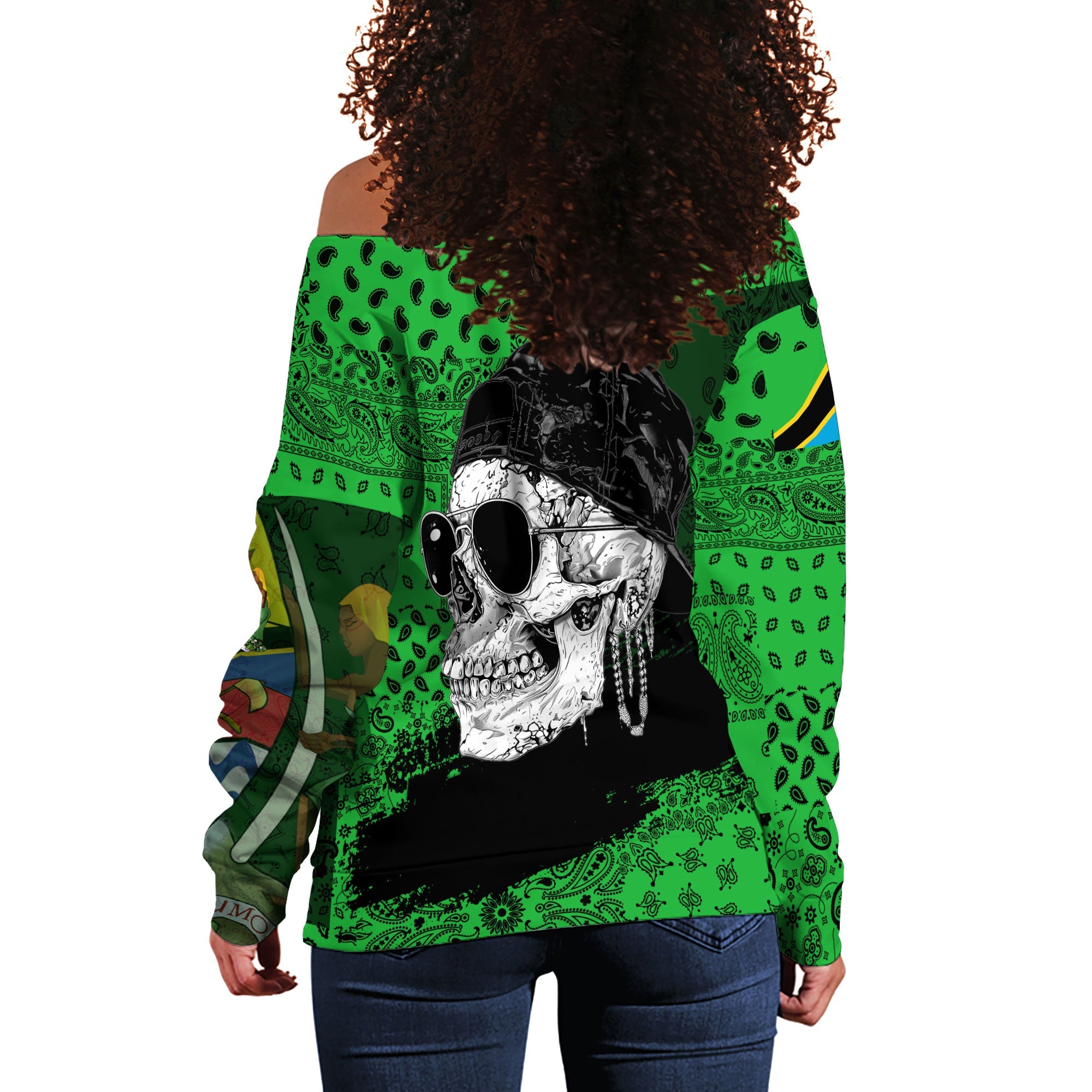 Tanzania Women Off Shoulder Sweatshirt Paisley Flag And Skull Style 3