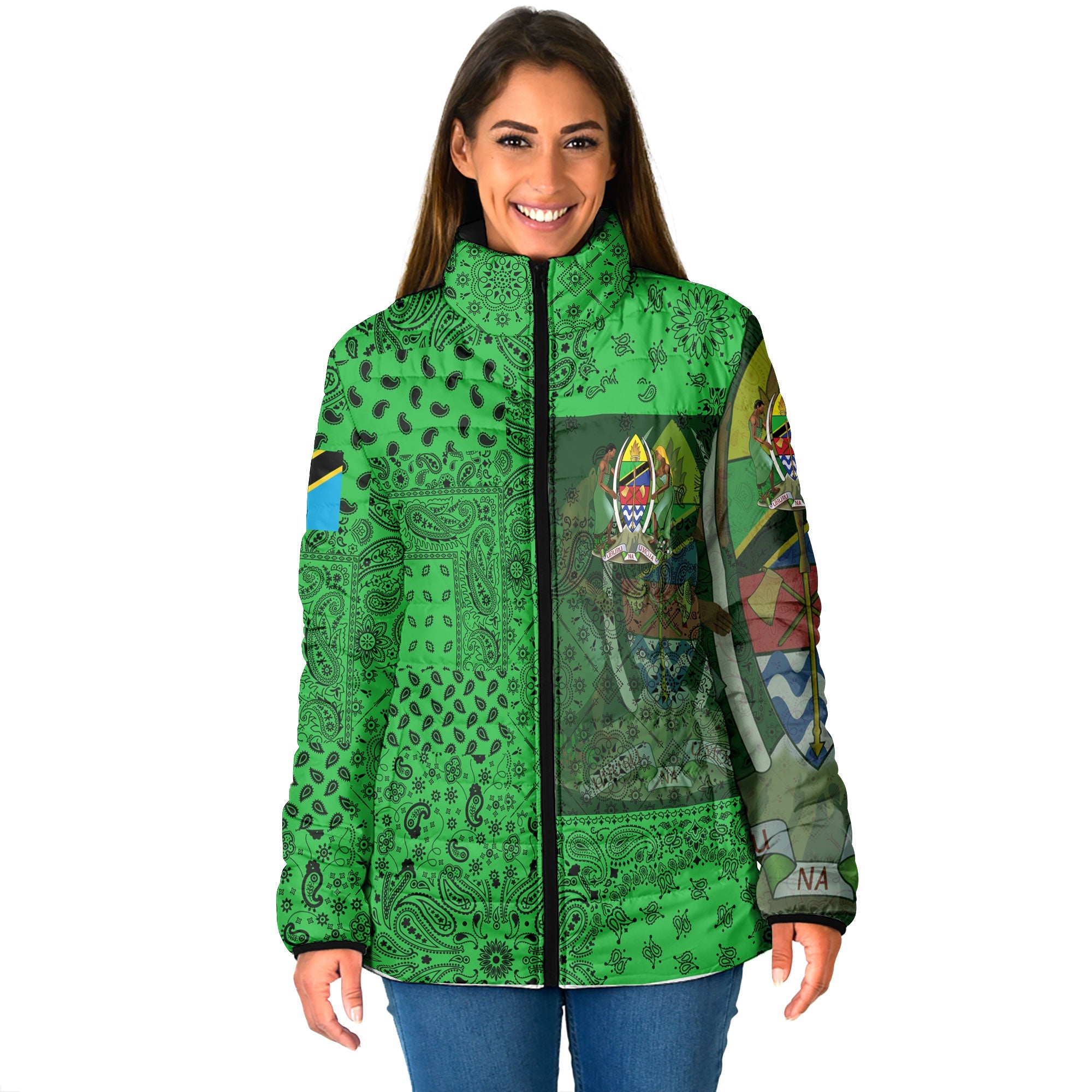 Tanzania Women Padded Jacket Paisley Flag And Skull Style 1