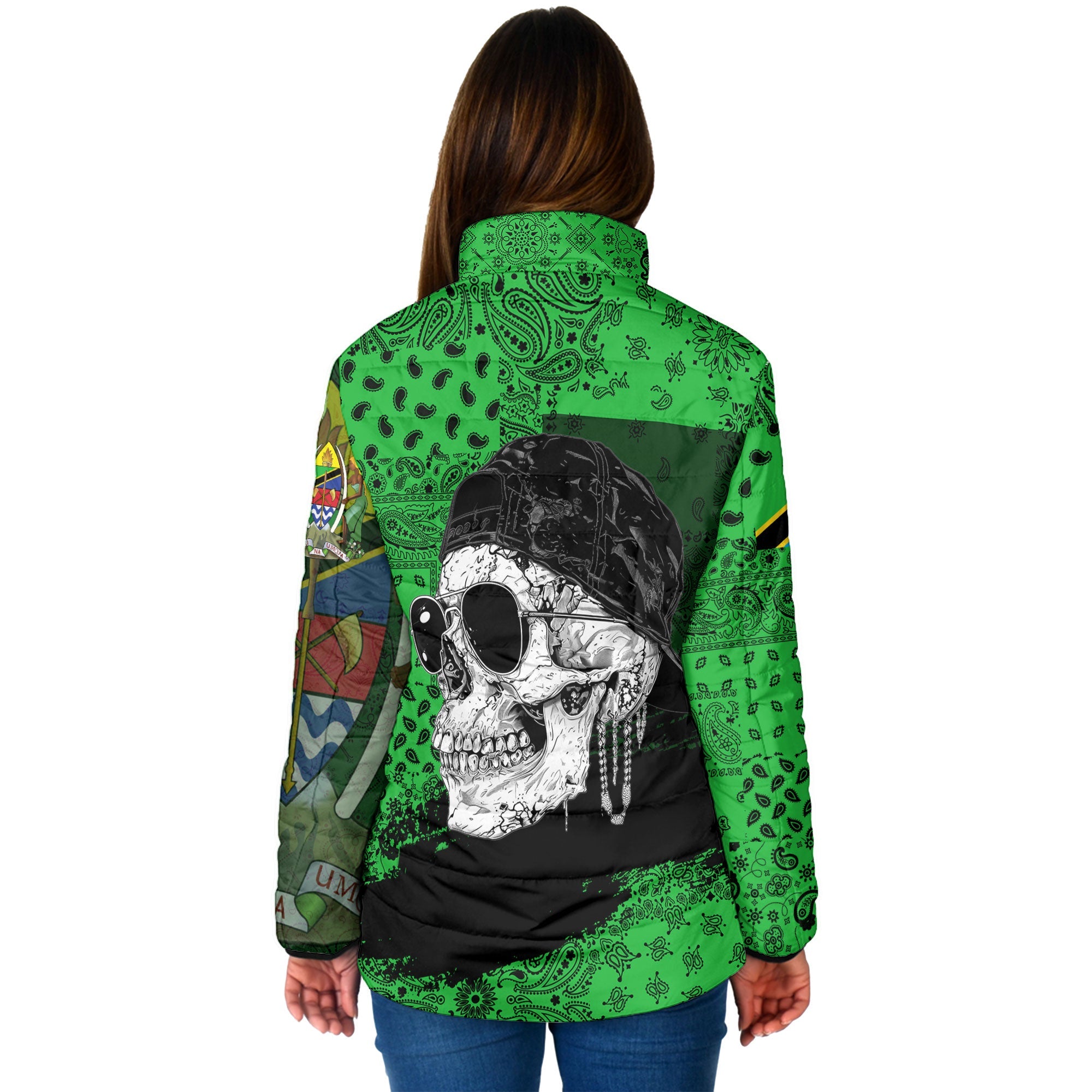 Tanzania Women Padded Jacket Paisley Flag And Skull Style 2