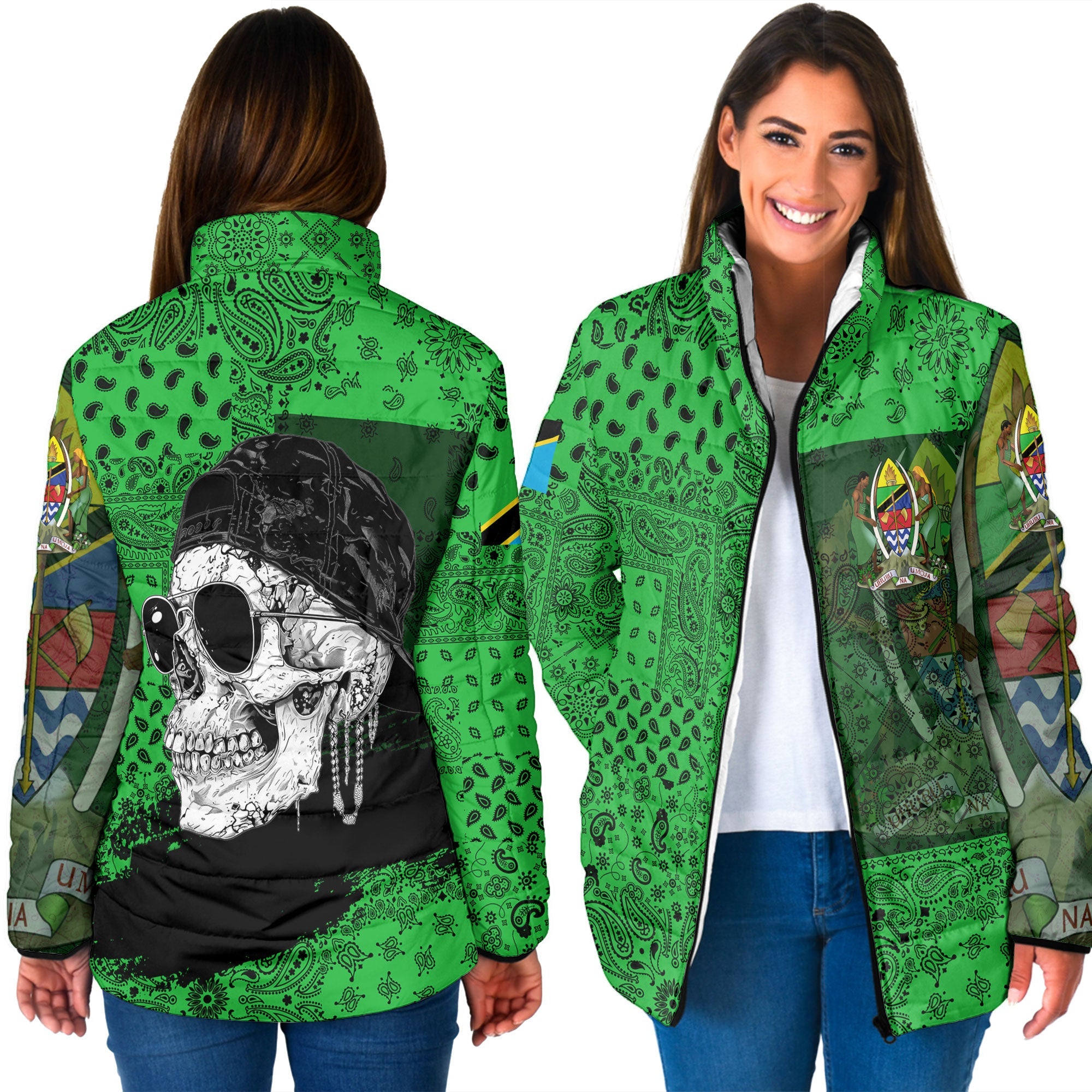 Tanzania Women Padded Jacket Paisley Flag And Skull Style 3