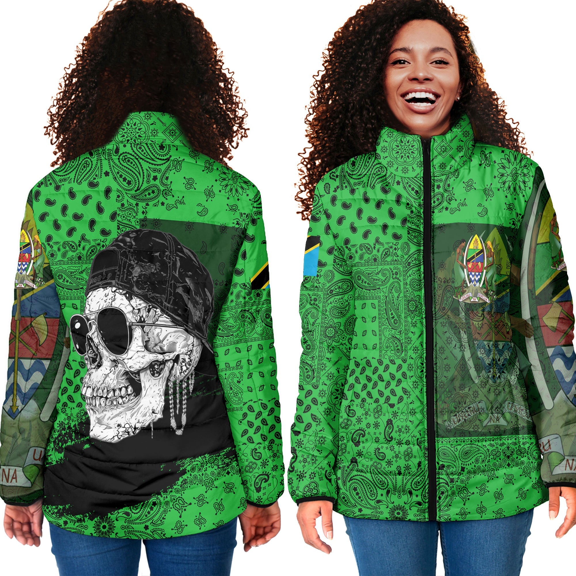 Tanzania Women Padded Jacket Paisley Flag And Skull Style 4