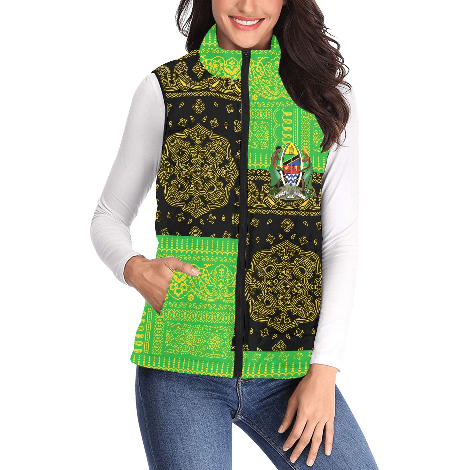 Tanzania Women Padded Jacket Vest Flag And Paisley Basic Style 1