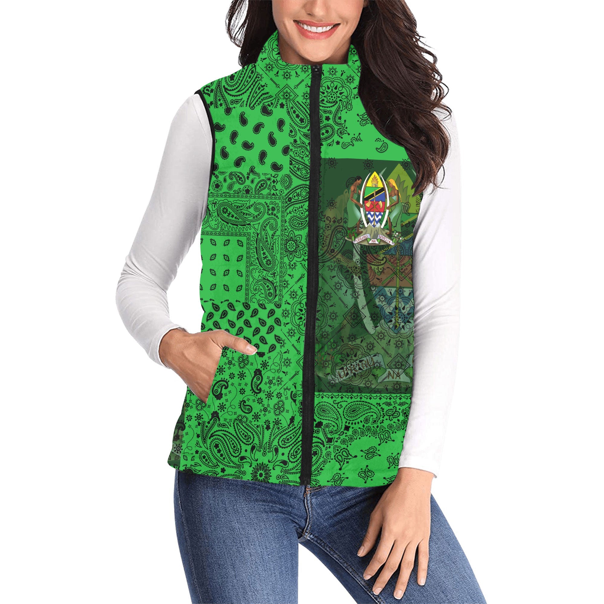 Tanzania Women Padded Jacket Vest Paisley Flag And Skull Style 1