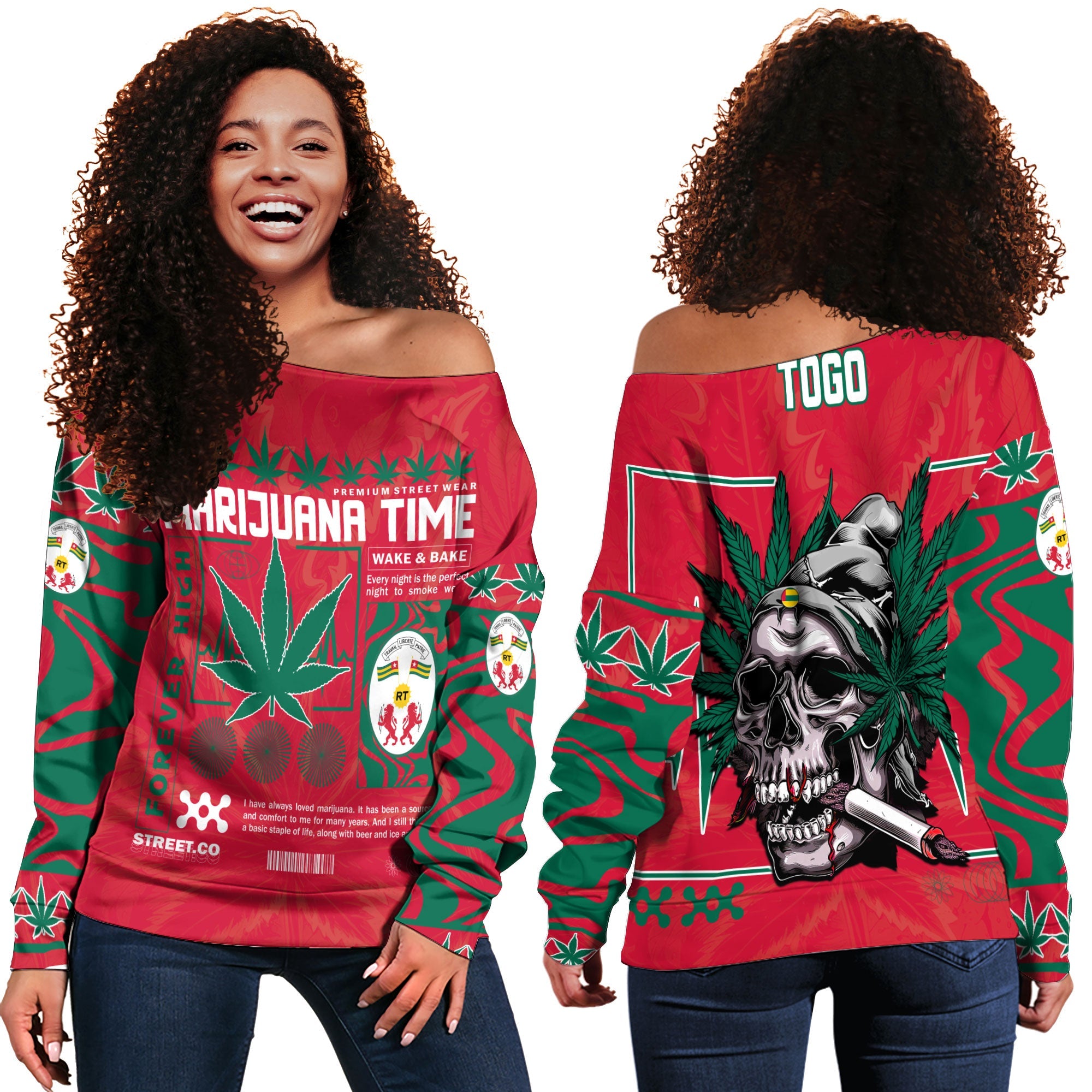 Togo Women Off Shoulder Sweatshirt Flag & Coat Of Arms Marijuanas Style