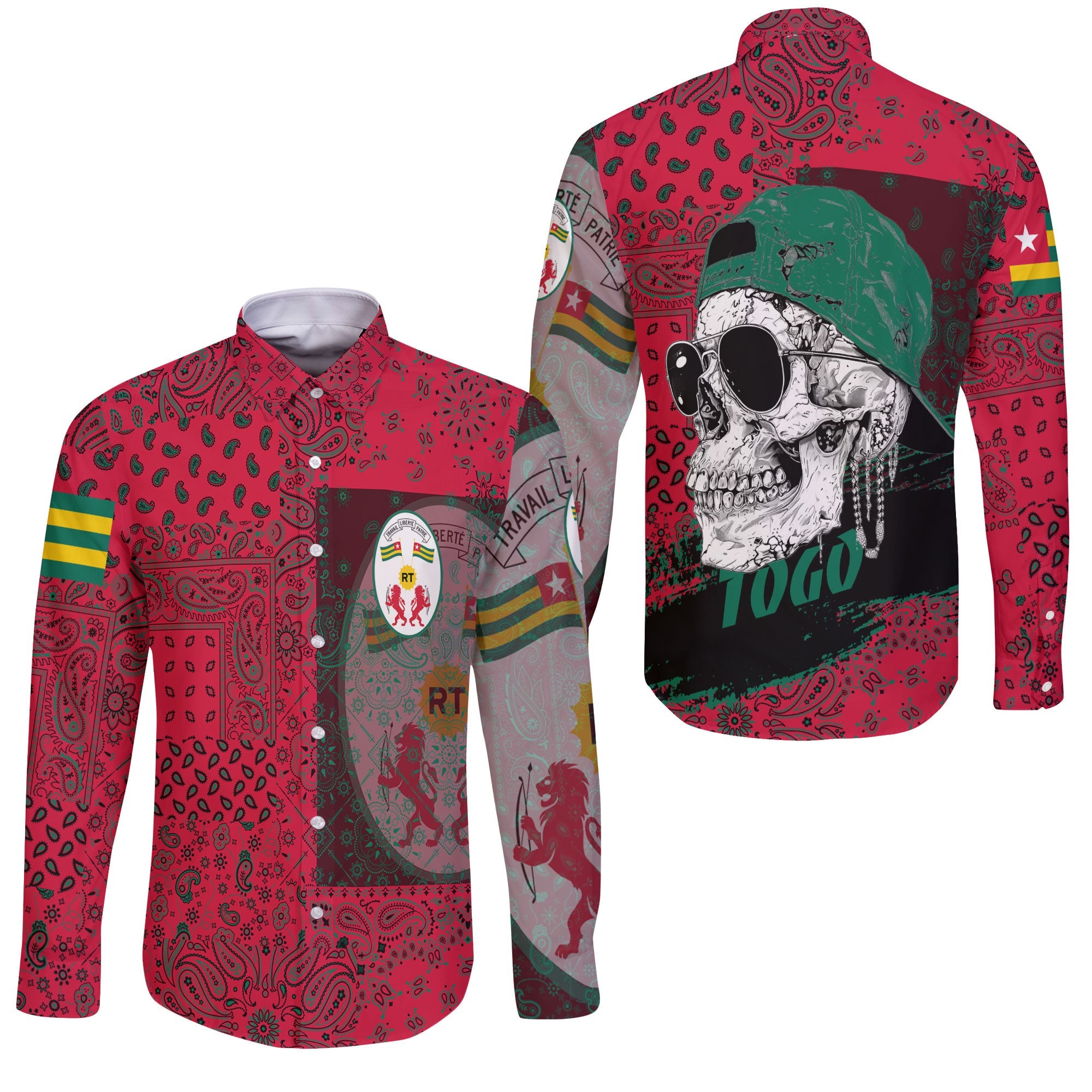 Togo Long Sleeve Button Shirt Paisley Flag And Skull Style 3