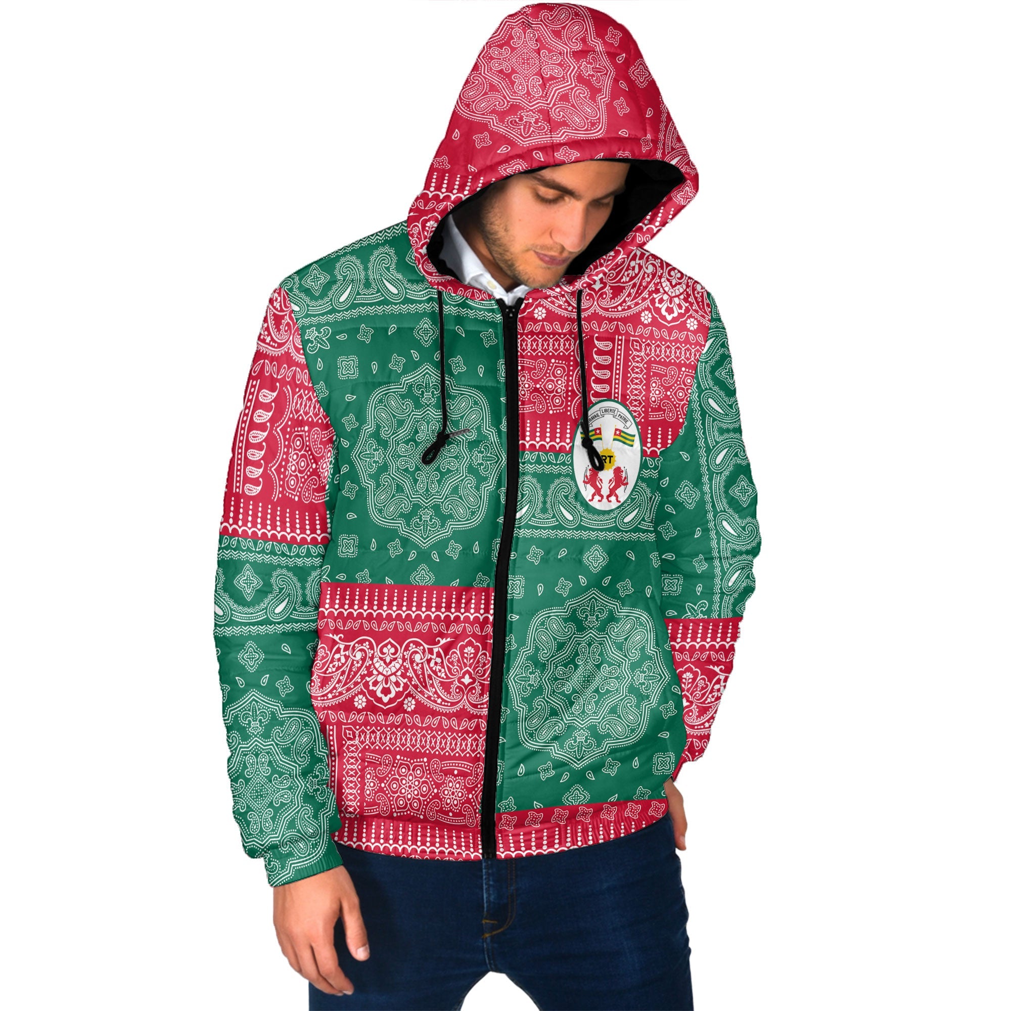 Togo Men Hooded Padded Jacket Flag And Paisley Basic Style 2