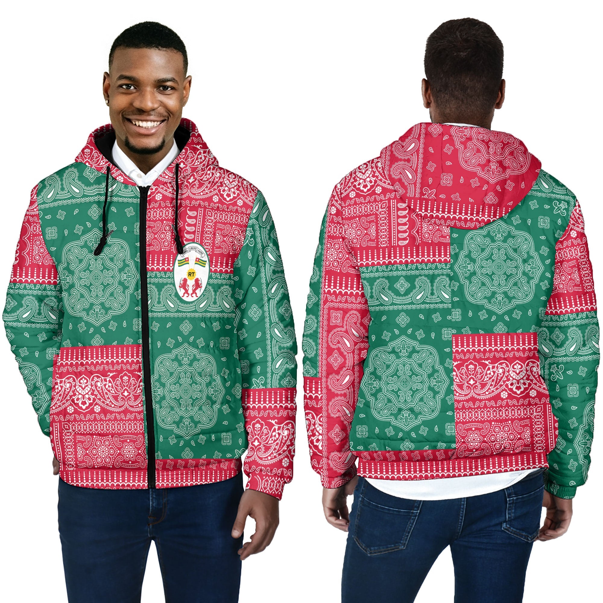 Togo Men Hooded Padded Jacket Flag And Paisley Basic Style 4