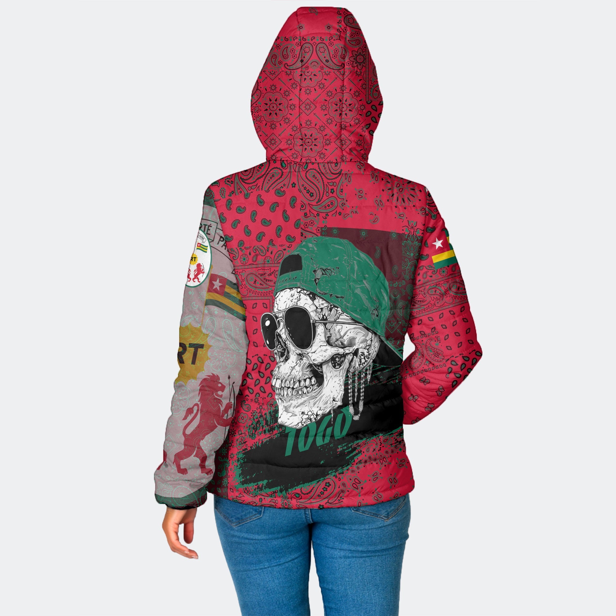 Togo Women Hooded Padded Jacket Paisley Flag And Skull Style 2