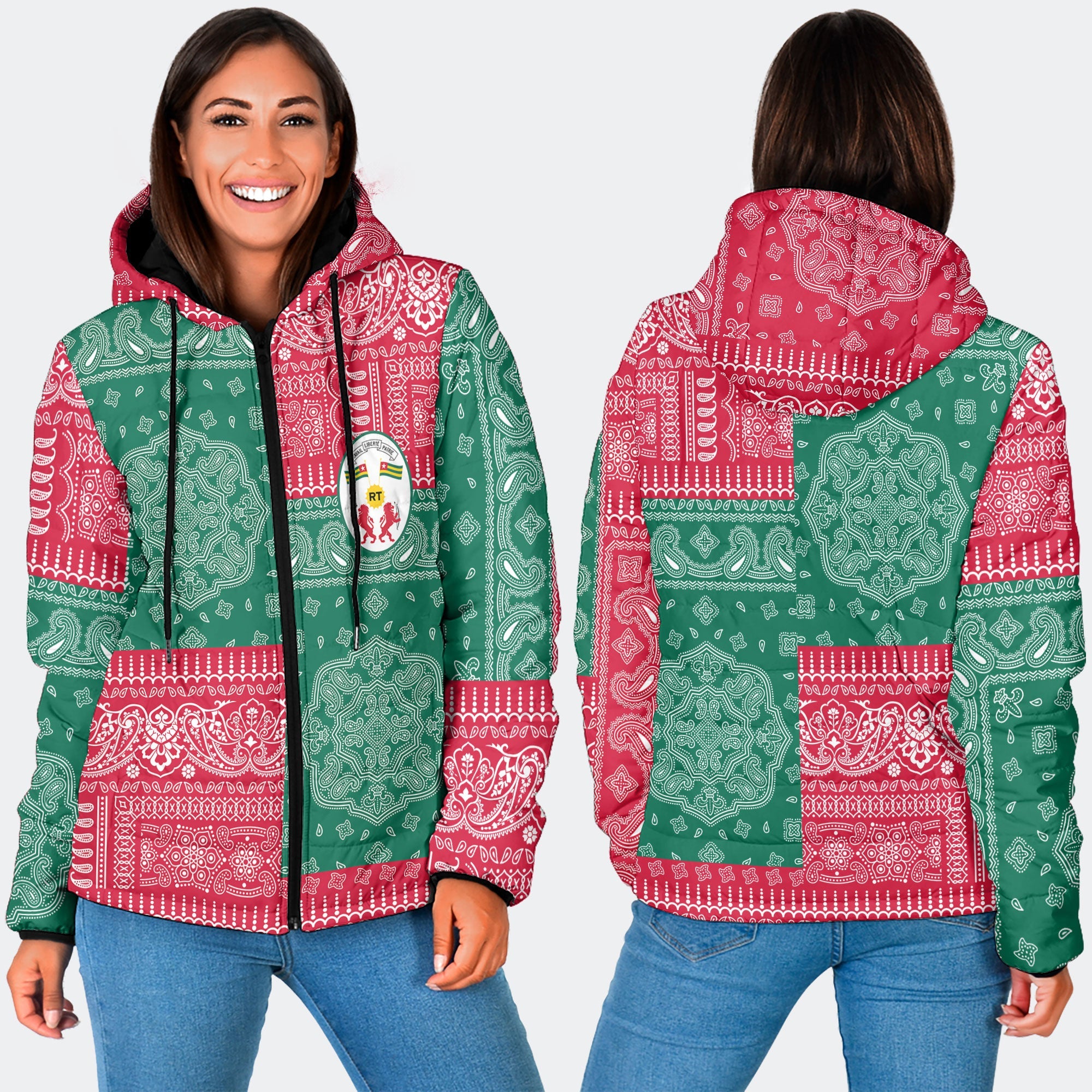 Togo Women Hooded Padded Jacket Flag And Paisley Basic Style 3