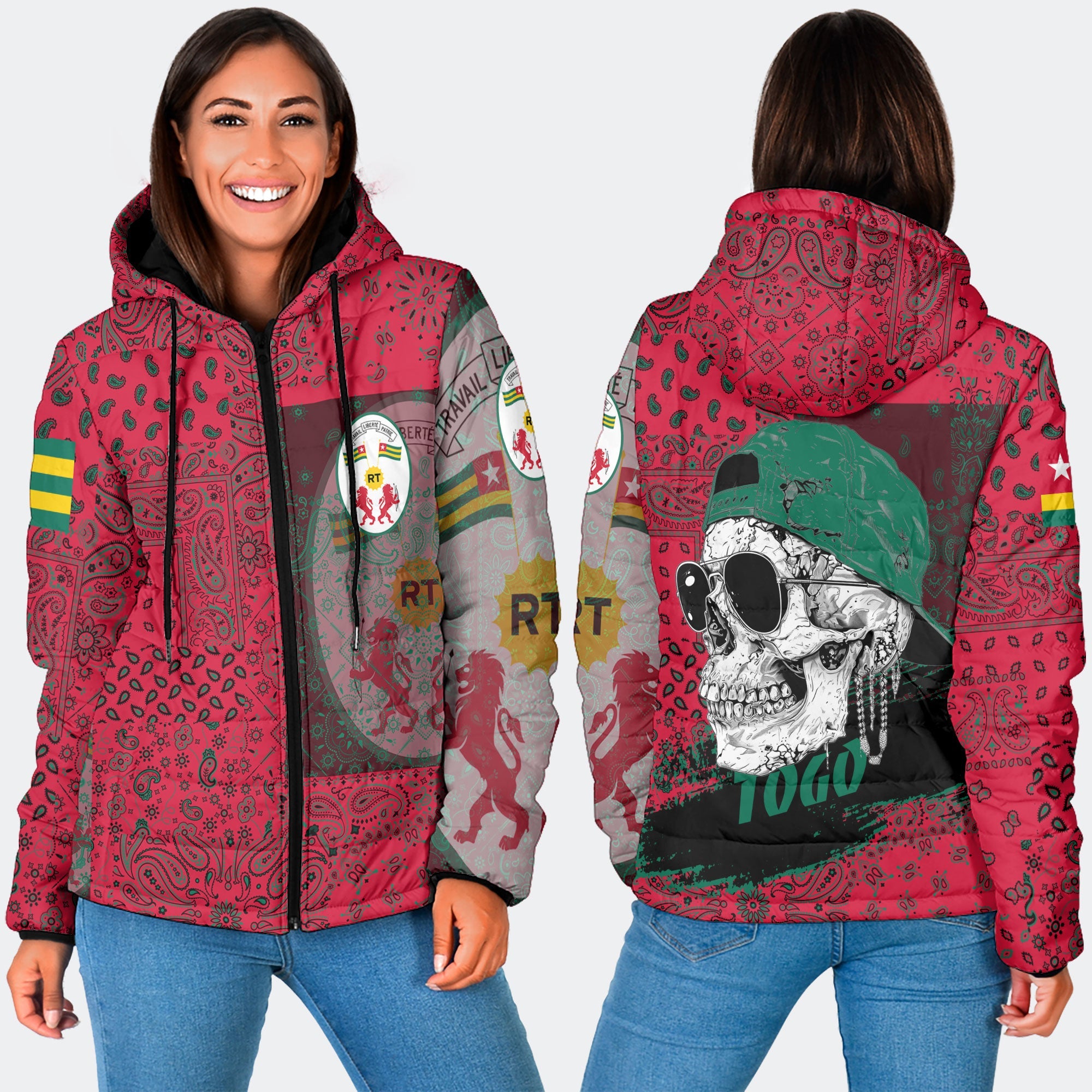 Togo Women Hooded Padded Jacket Paisley Flag And Skull Style 3