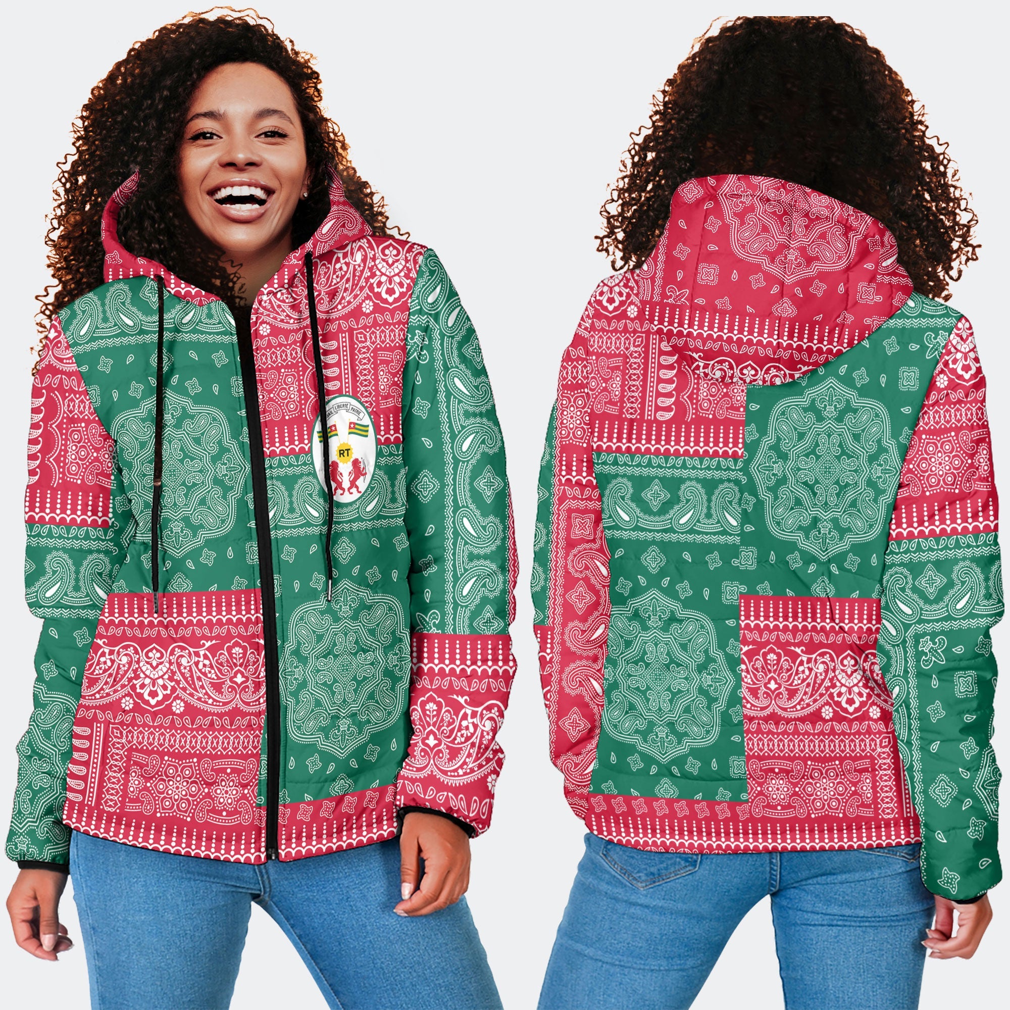 Togo Women Hooded Padded Jacket Flag And Paisley Basic Style 4