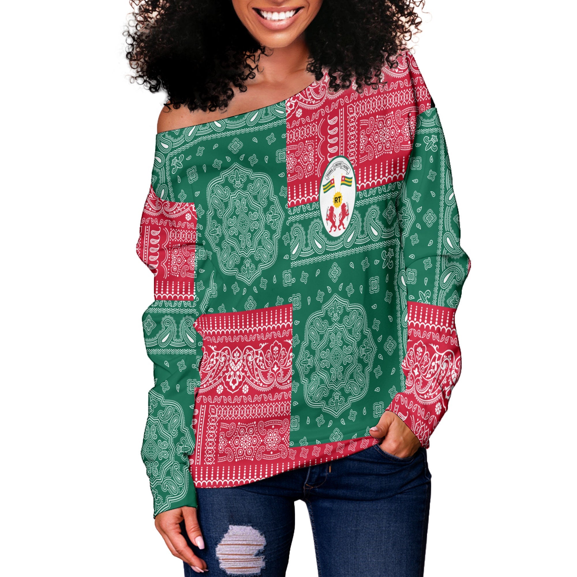 Togo Women Off Shoulder Sweatshirt Flag And Paisley Basic Style 2