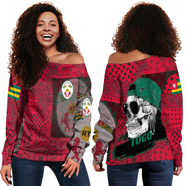 Togo Women Off Shoulder Sweatshirt Paisley Flag And Skull Style 1