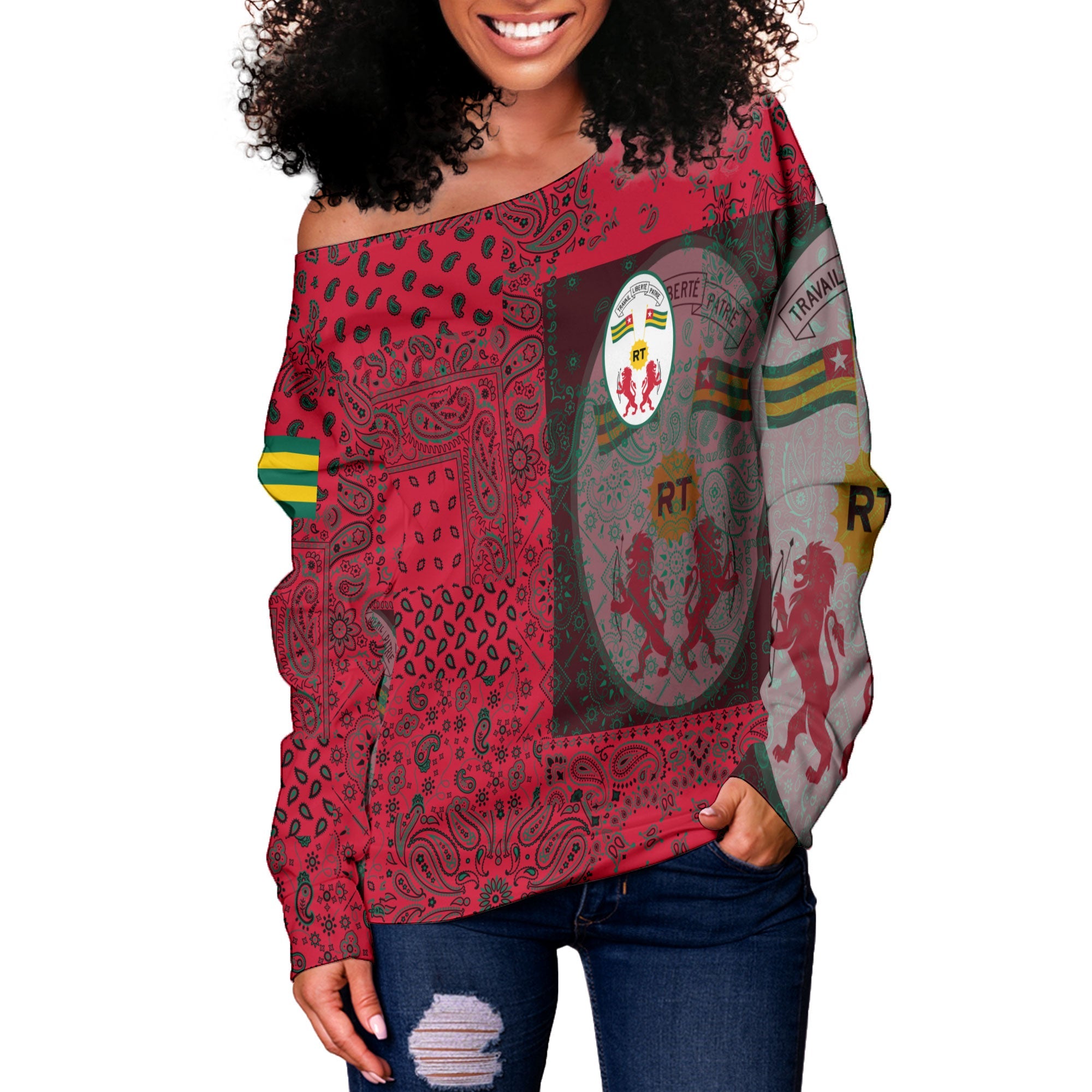 Togo Women Off Shoulder Sweatshirt Paisley Flag And Skull Style 2