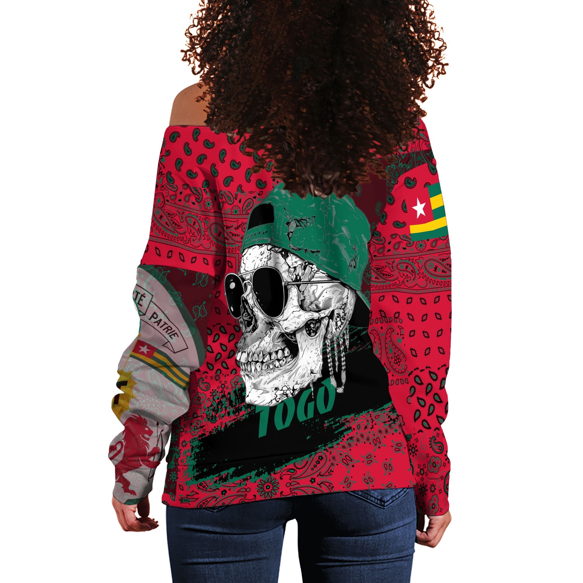 Togo Women Off Shoulder Sweatshirt Paisley Flag And Skull Style 3