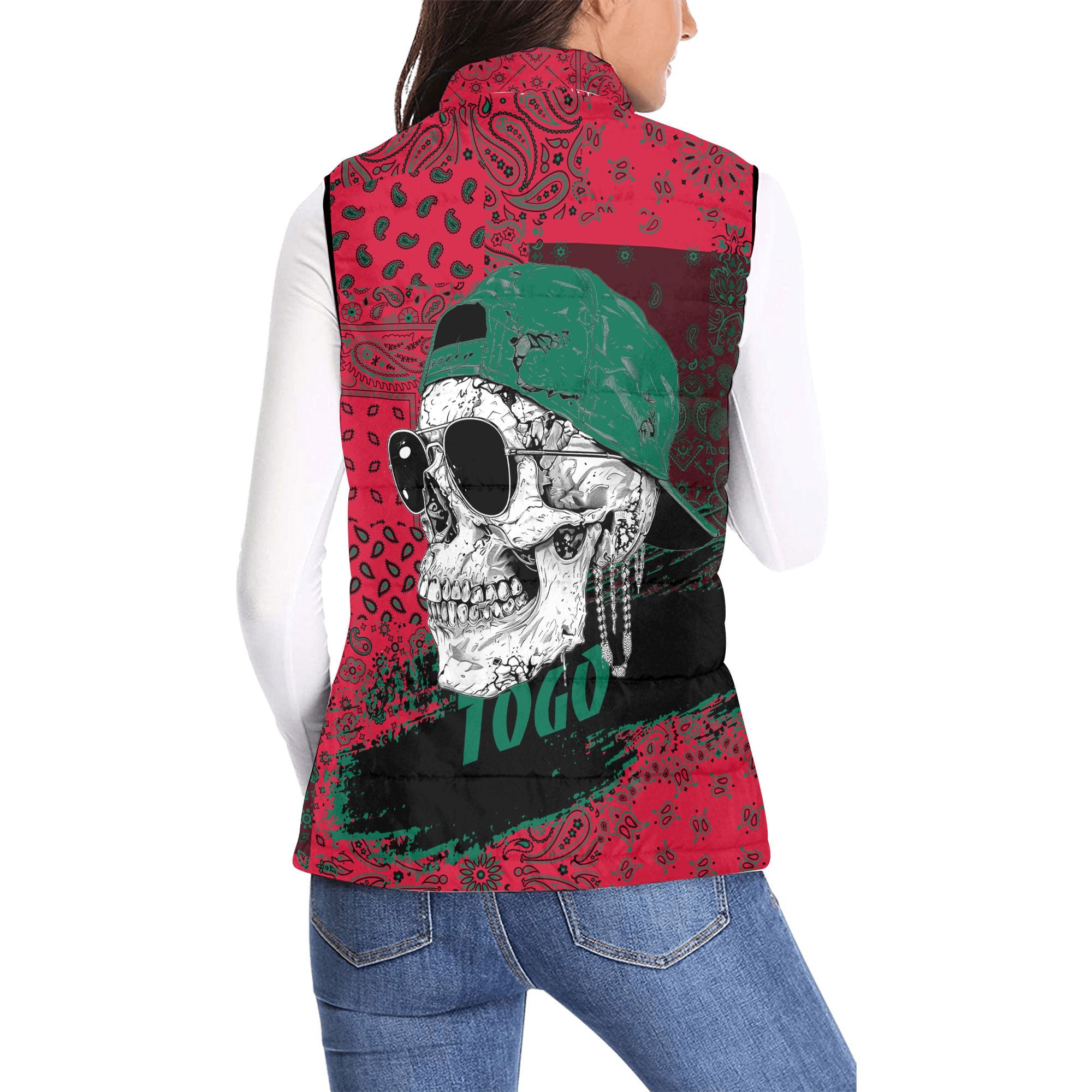 Togo Women Padded Jacket Vest Paisley Flag And Skull Style 2