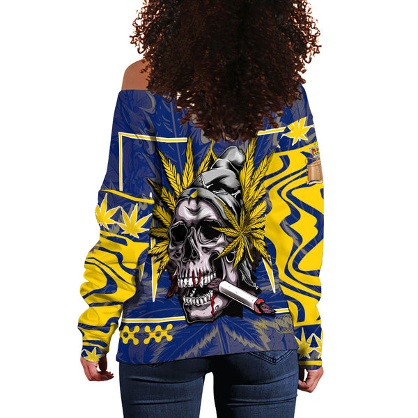 Tokelau Women Off Shoulder Sweatshirt Flag & Coat Of Arms Marijuanas Style