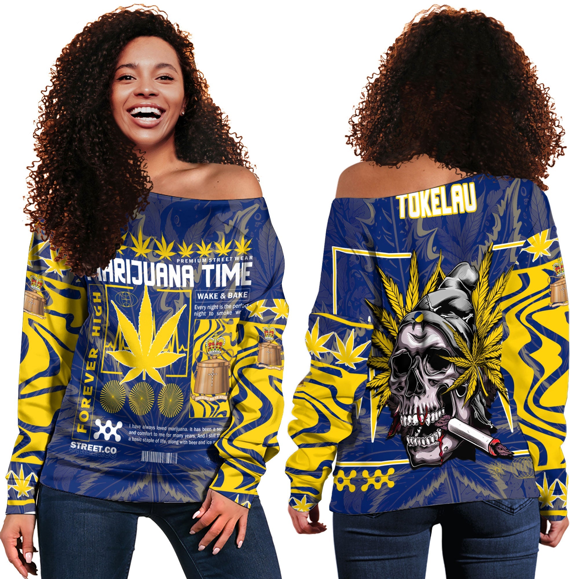 Tokelau Women Off Shoulder Sweatshirt Flag & Coat Of Arms Marijuanas Style