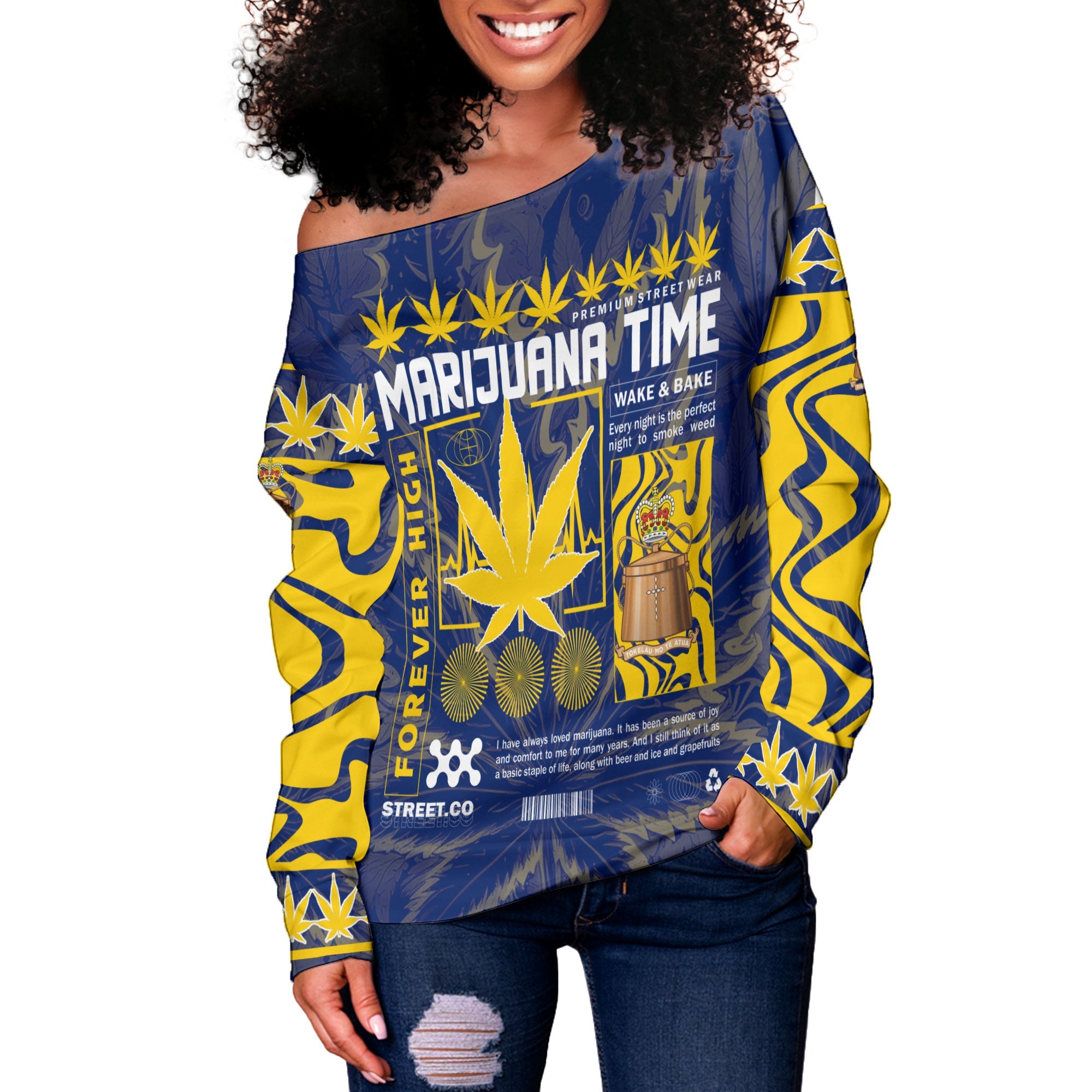 Tokelau Women Off Shoulder Sweatshirt Flag & Coat Of Arms Marijuanas Style