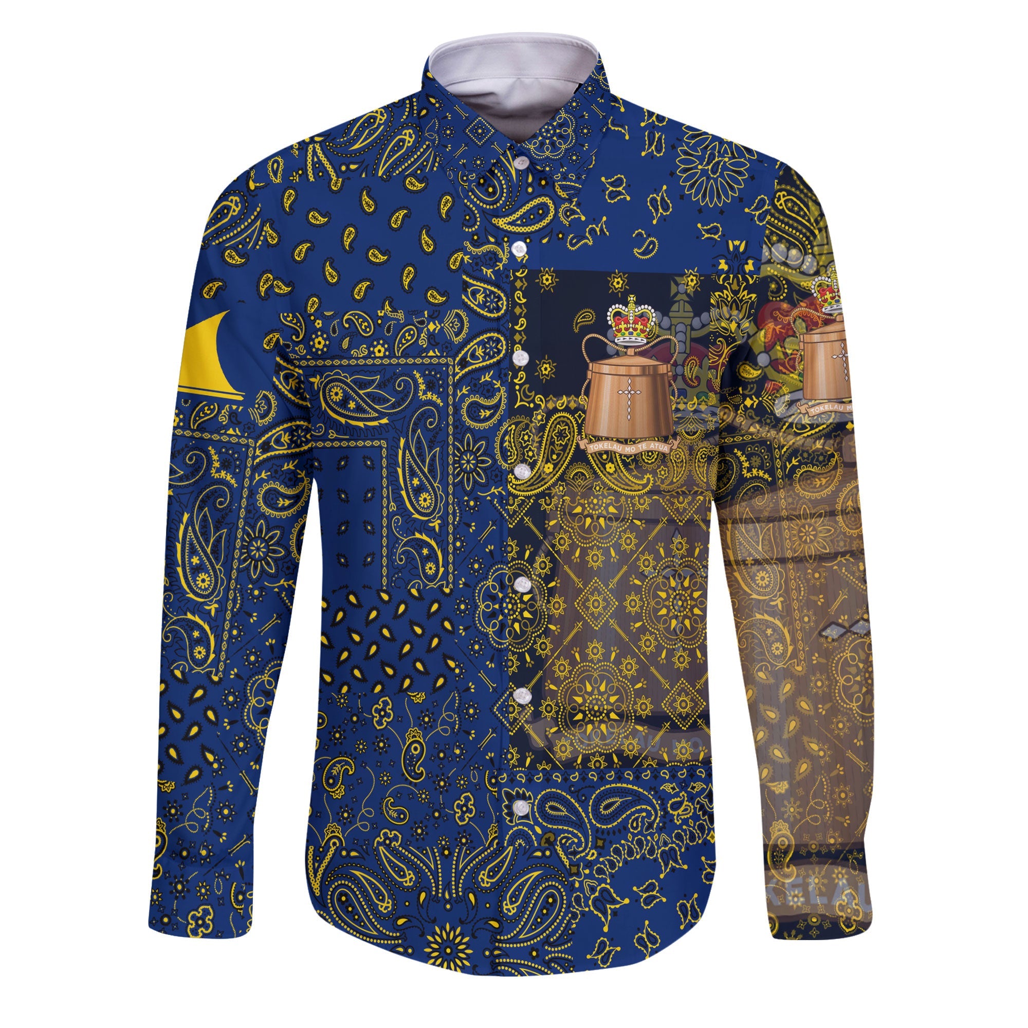 Tokelau Long Sleeve Button Shirt Paisley Flag And Skull Style 1