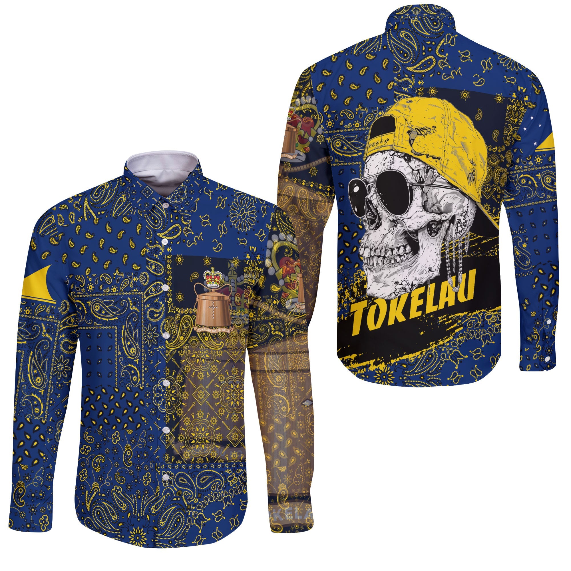 Tokelau Long Sleeve Button Shirt Paisley Flag And Skull Style 3