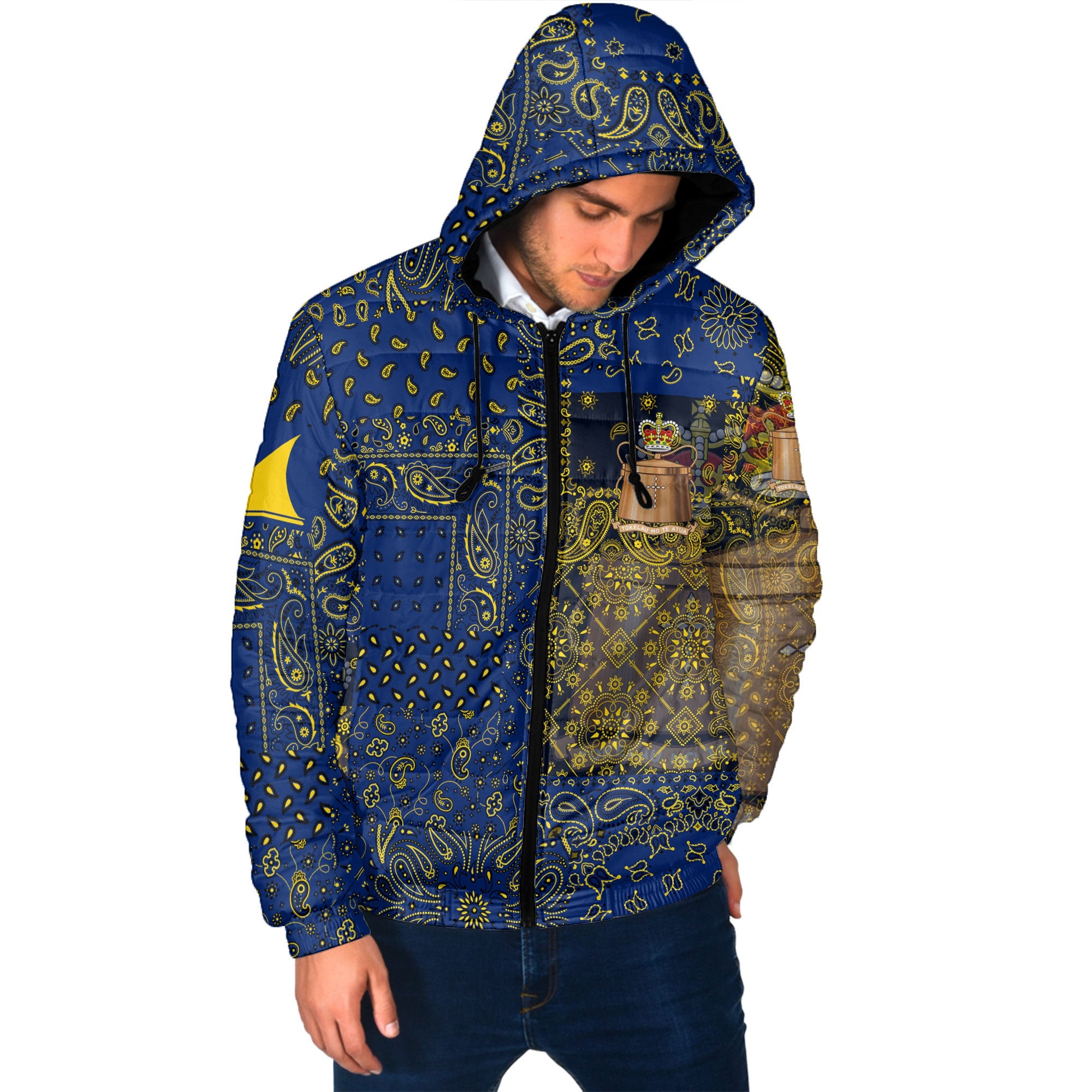 Tokelau Men Hooded Padded Jacket Paisley Flag And Skull Style 2