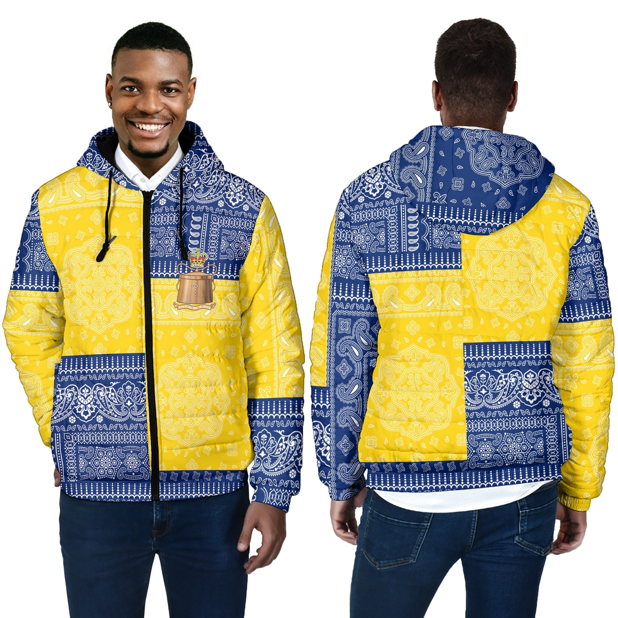 Tokelau Men Hooded Padded Jacket Flag And Paisley Basic Style 4