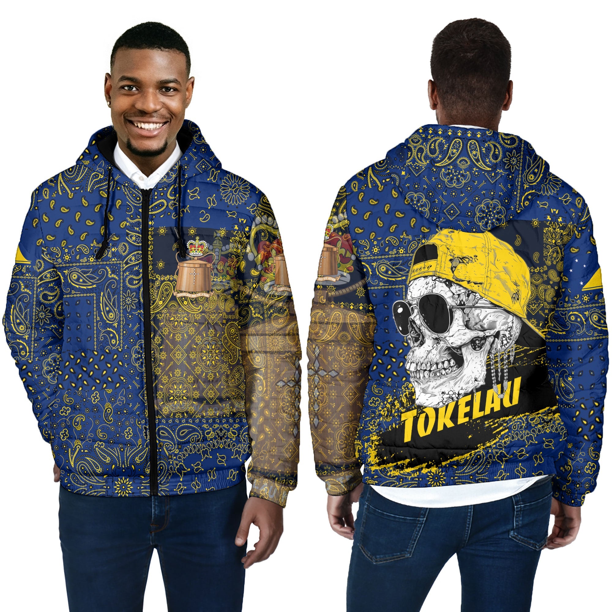 Tokelau Men Hooded Padded Jacket Paisley Flag And Skull Style 4