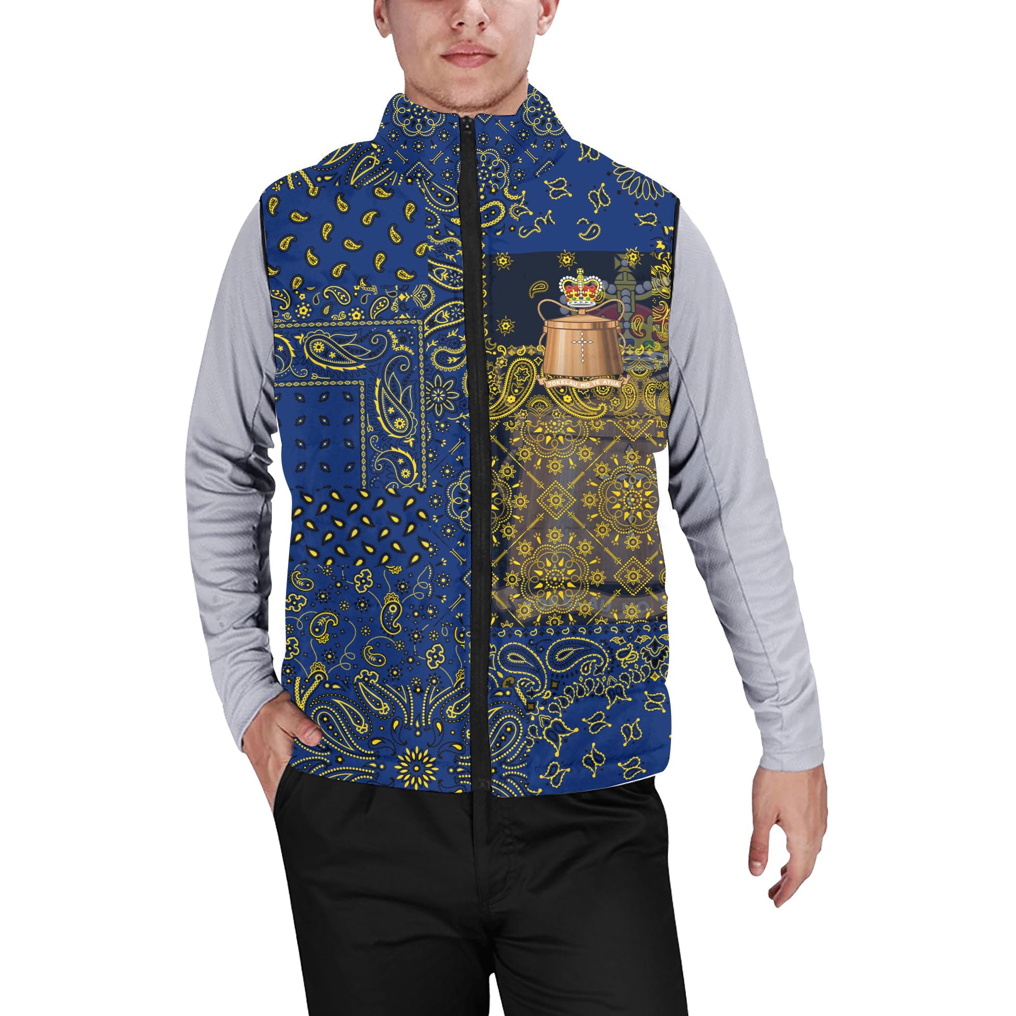 Tokelau Men Padded Jacket Vest Paisley Flag And Skull Style 1