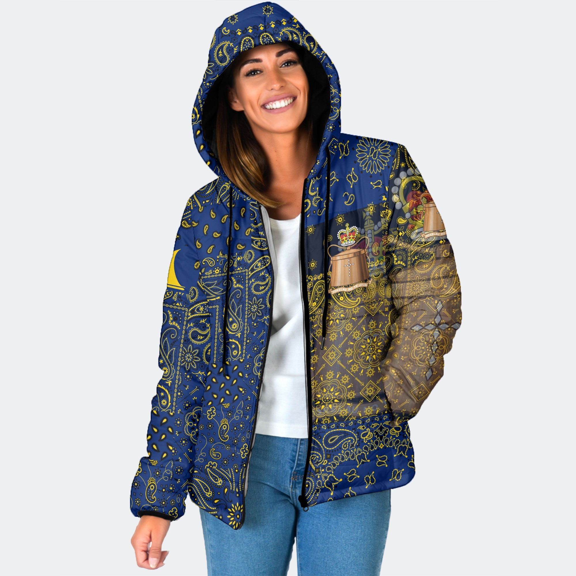 Tokelau Women Hooded Padded Jacket Paisley Flag And Skull Style 1