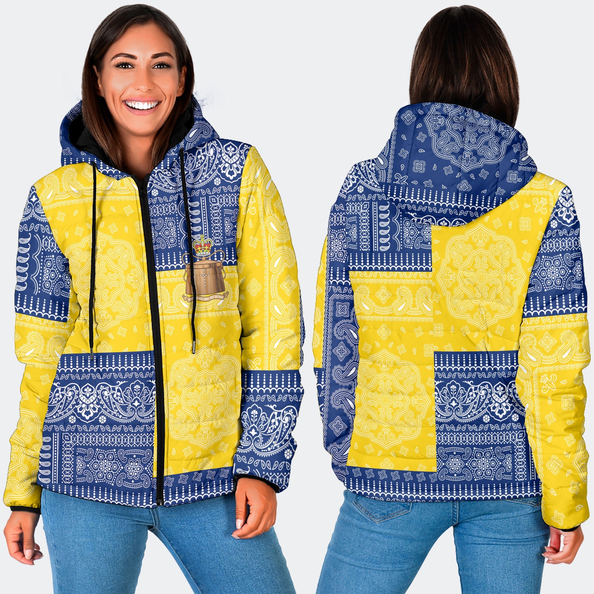 Tokelau Women Hooded Padded Jacket Flag And Paisley Basic Style 3