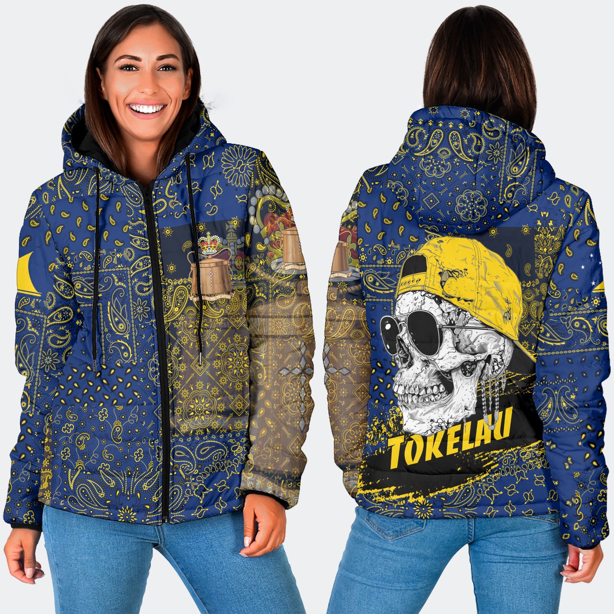 Tokelau Women Hooded Padded Jacket Paisley Flag And Skull Style 3