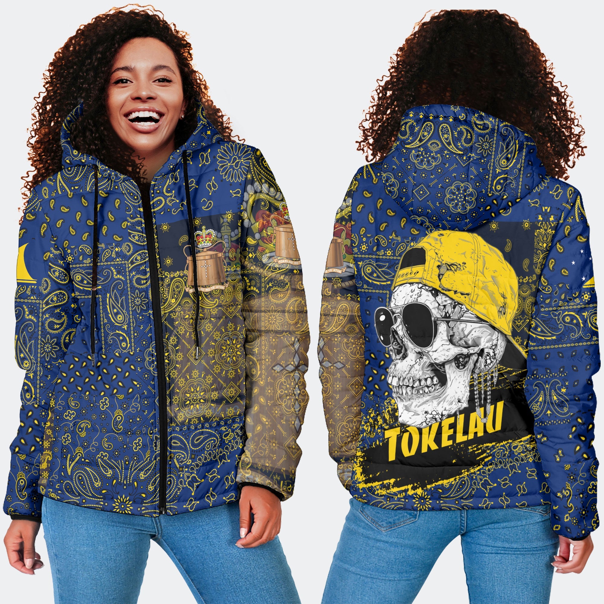 Tokelau Women Hooded Padded Jacket Paisley Flag And Skull Style 4