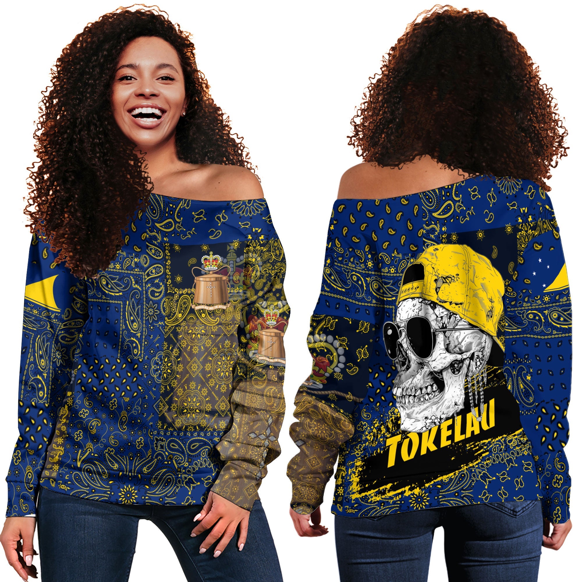 Tokelau Women Off Shoulder Sweatshirt Paisley Flag And Skull Style 1