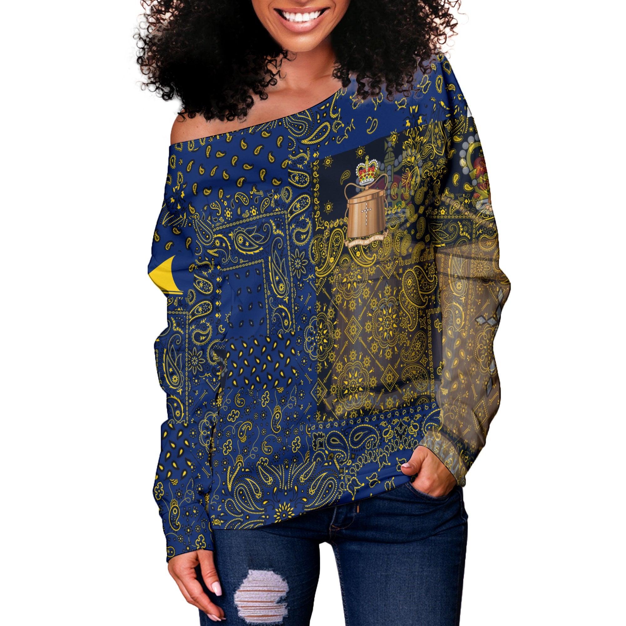 Tokelau Women Off Shoulder Sweatshirt Paisley Flag And Skull Style 2