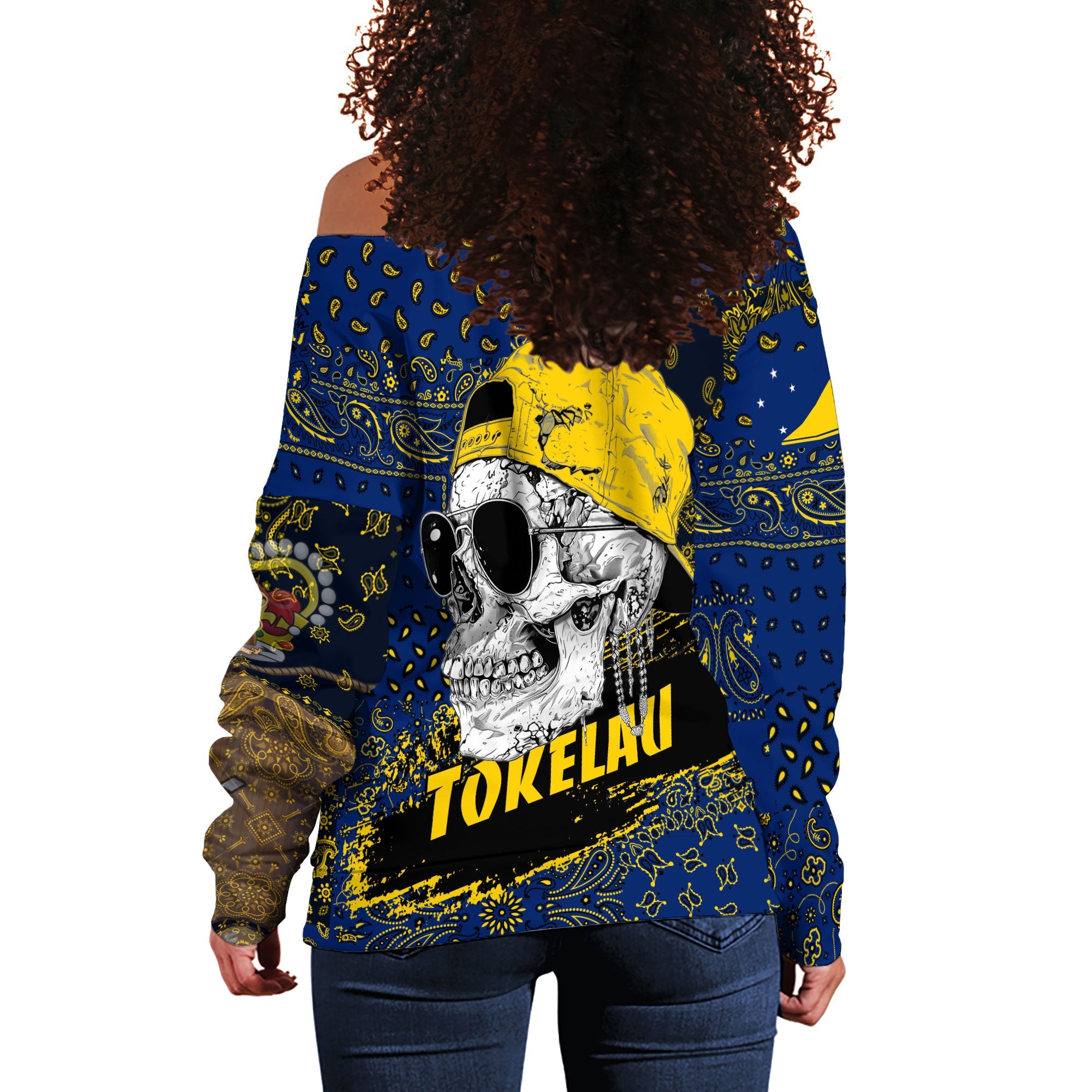 Tokelau Women Off Shoulder Sweatshirt Paisley Flag And Skull Style 3