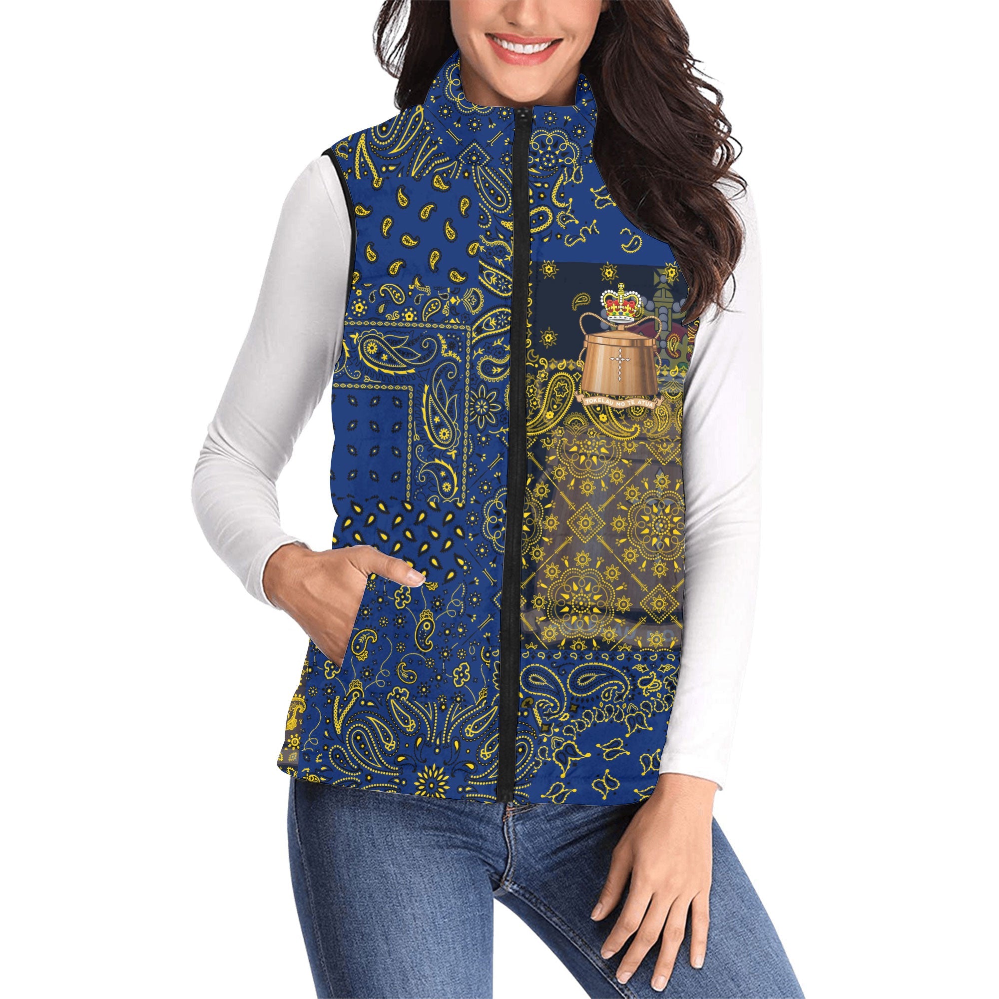 Tokelau Women Padded Jacket Vest Paisley Flag And Skull Style 1