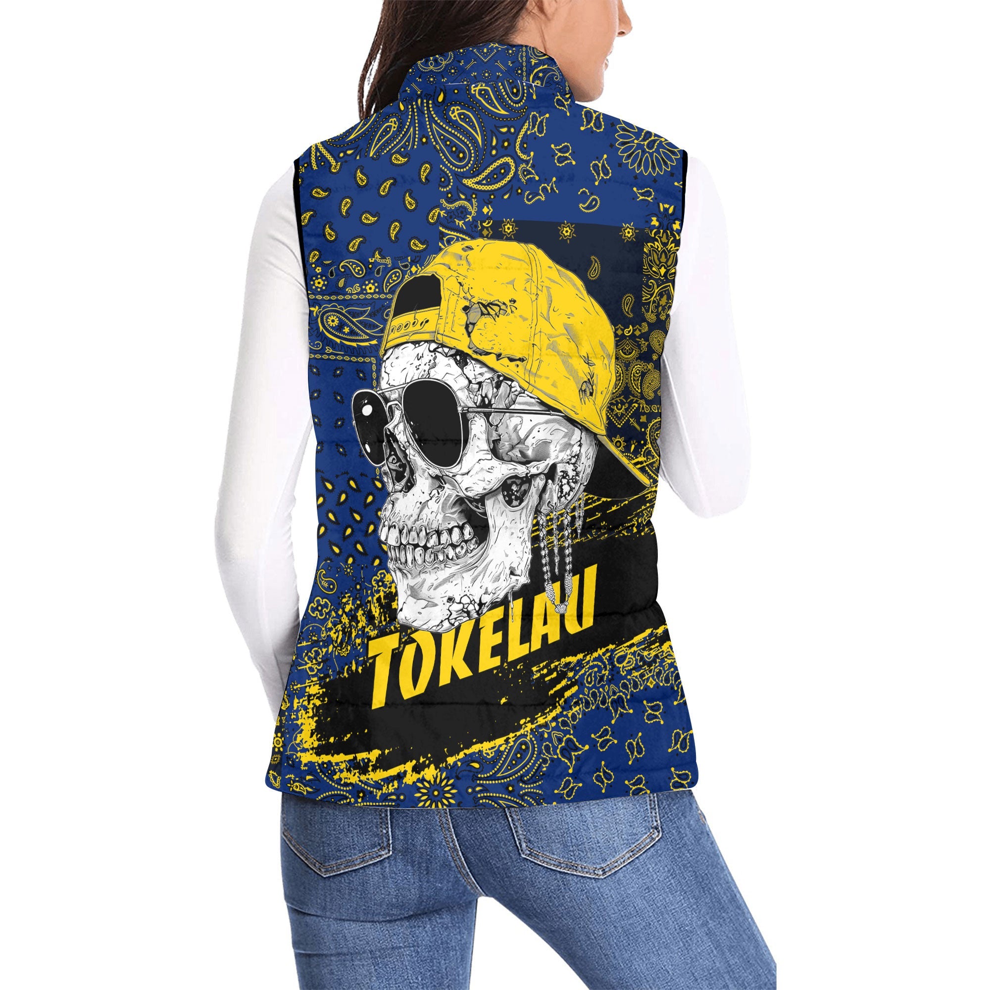 Tokelau Women Padded Jacket Vest Paisley Flag And Skull Style 2