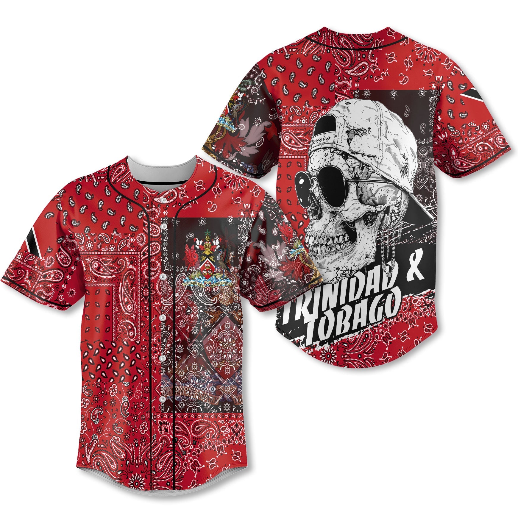 Trinidad And Tobago Baseball Jersey Paisley Flag And Skull Style 1