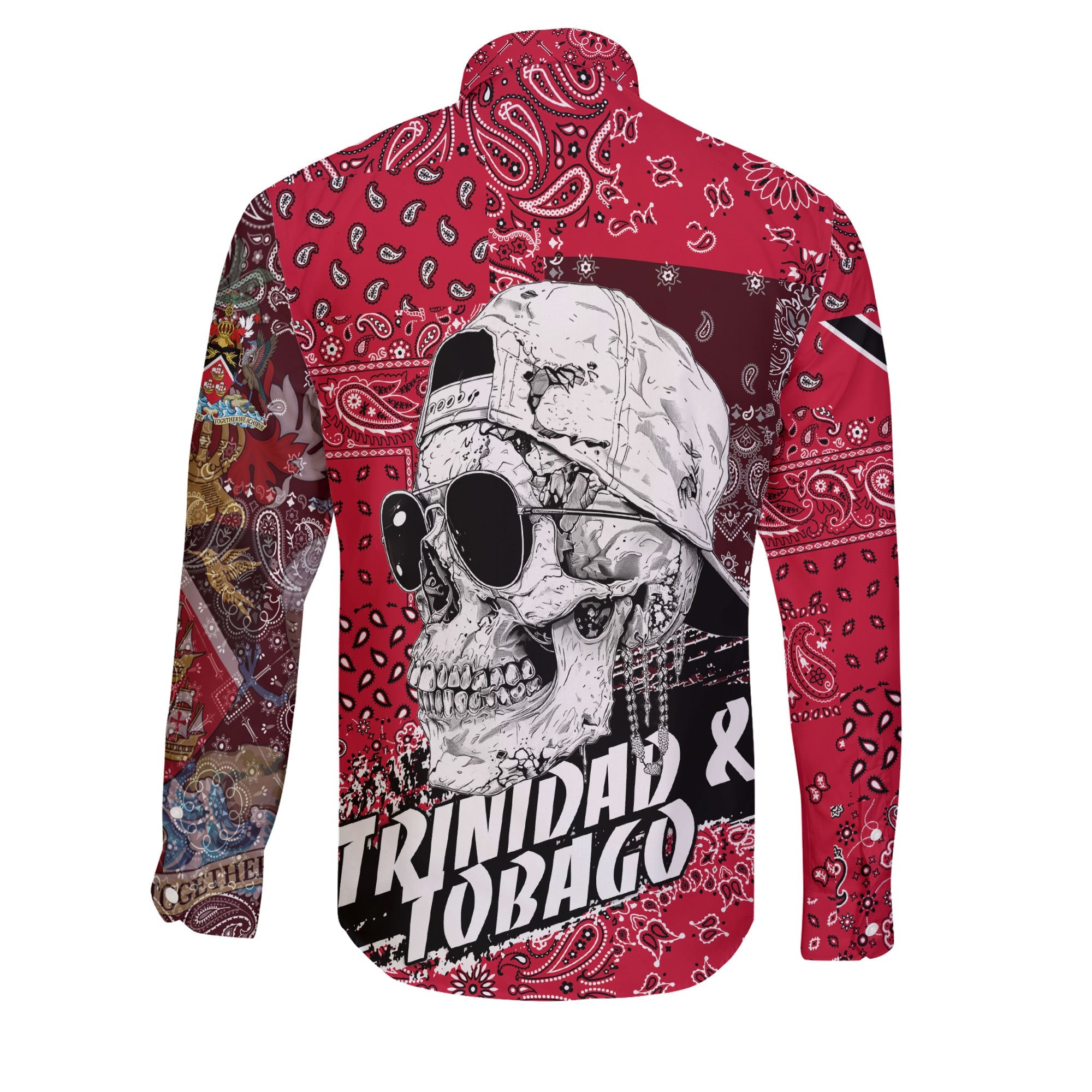 Trinidad And Tobago Long Sleeve Button Shirt Paisley Flag And Skull Style 2